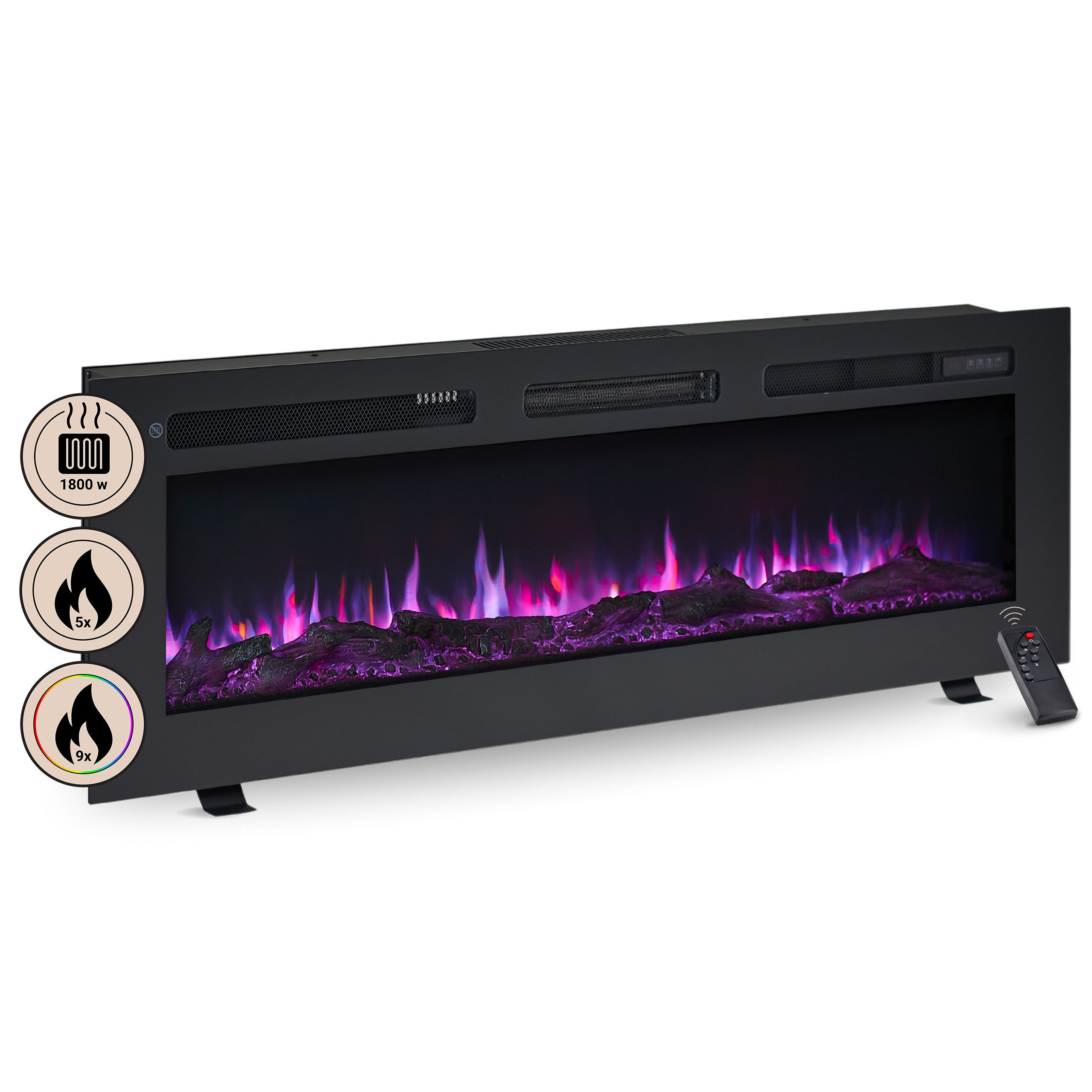 Balderia Elektrokamin BALDERIA Elektrokamin Leif 50", 3in1 Stand/Wand/Einbaukamin, Schwarz, realistischer 3D-Flammeneffekt, Fernbedienung, Timer, Thermostat