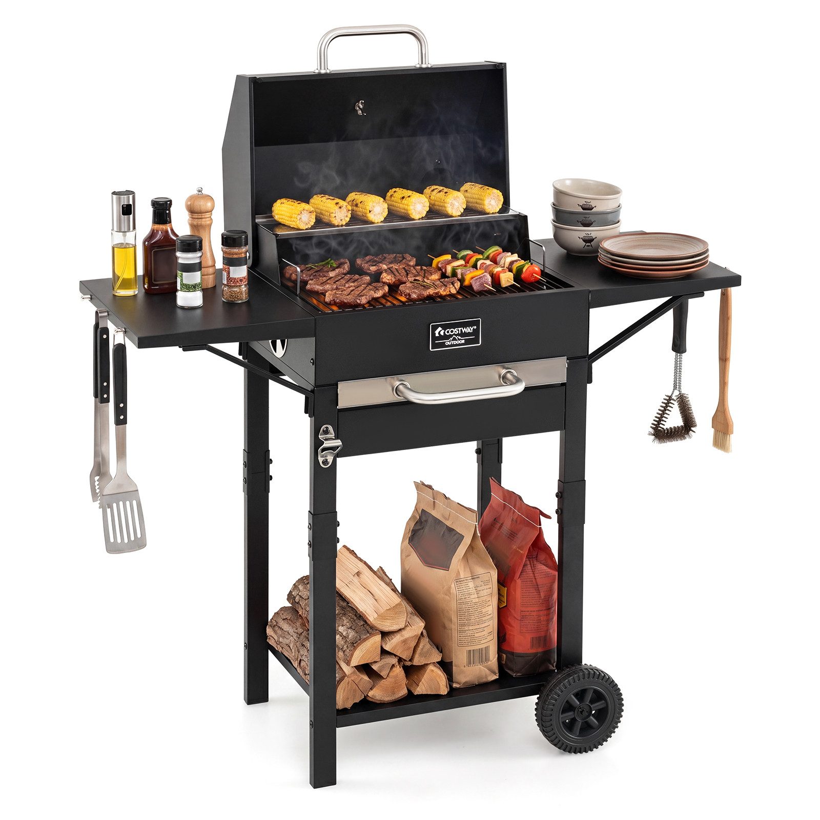 COSTWAY Holzkohlegrill, Grillwagen outdoor mit Deckel, Grillrost