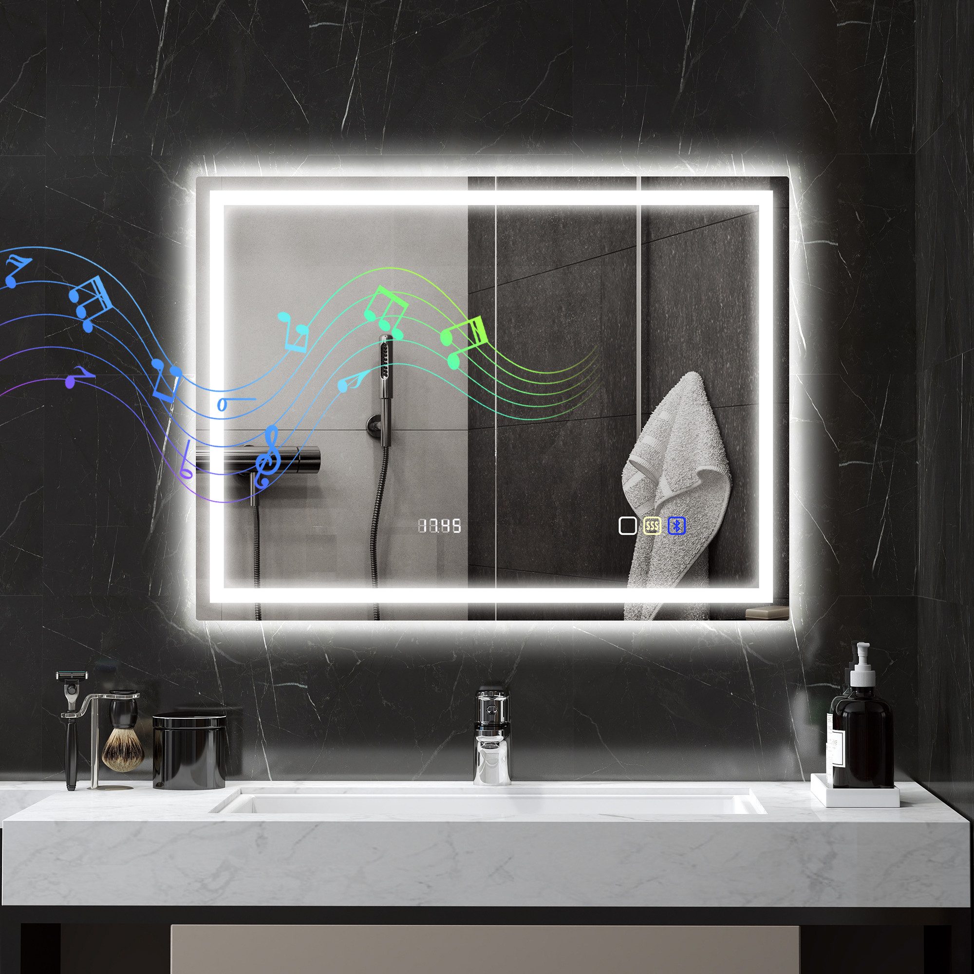HOMCOM Badspiegel LED Spiegel Wandspiegel Bluetooth-Musikfunktion Memory-Funktion (Beschlagfrei Wandspiegel, 1-St., dimmbar LED Spiegel), für Badezimmer, Silber
