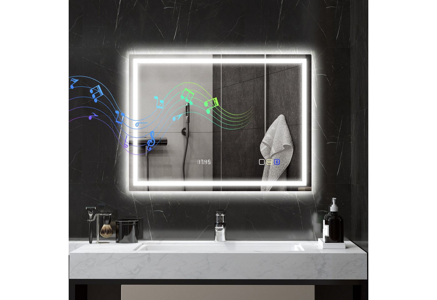 HOMCOM Badspiegel LED Spiegel Wandspiegel Bluetooth-Musikfunktion Memory-Funktion (Beschlagfrei Wandspiegel, 1-St., dimmbar LED Spiegel), für Badezimmer, Silber