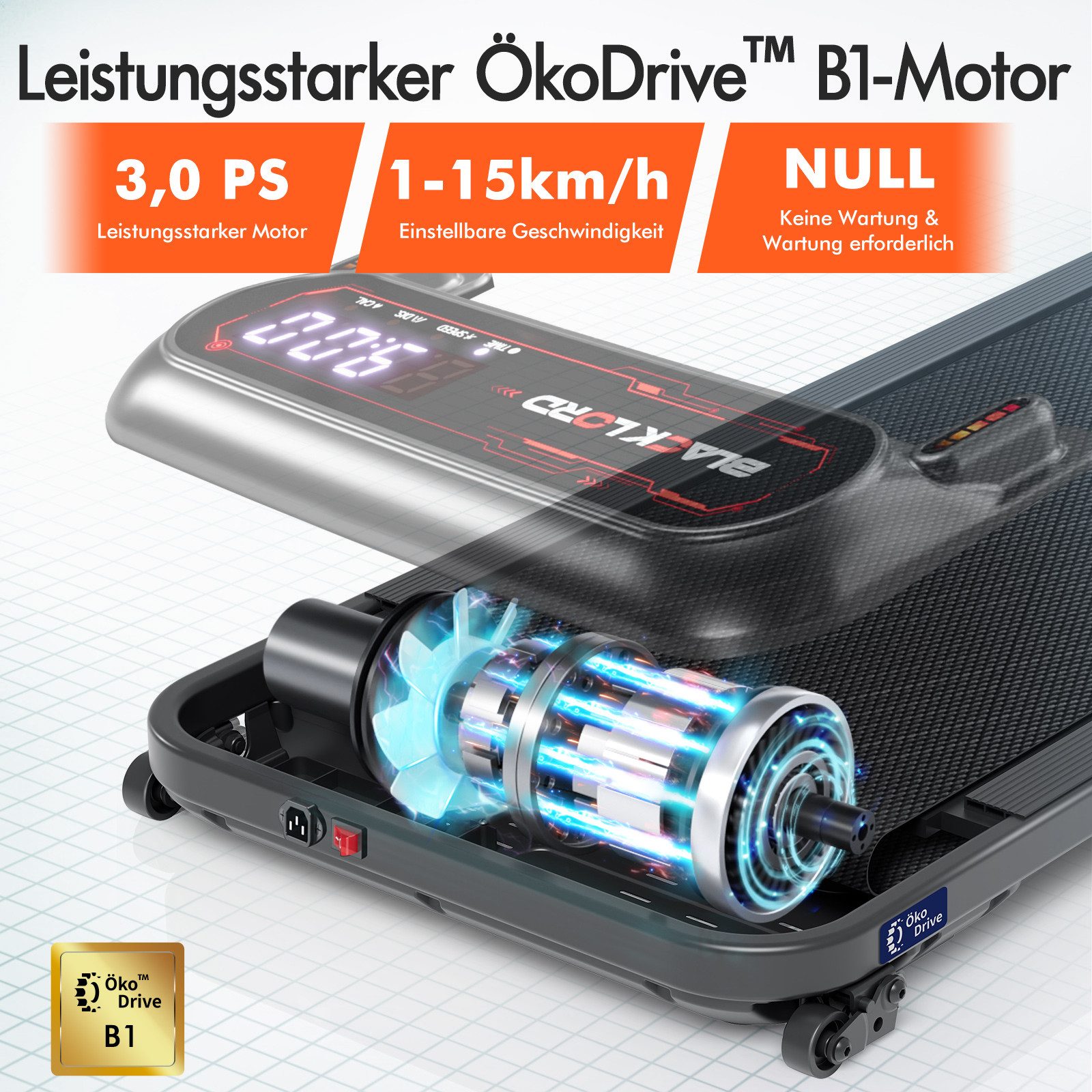 BLACK LORD Laufband 3,0PS Motor, 12 km/h, mit Steigung, Bluetooth App Steuerung, 390mm, 3 Stufen Neigung, LED Display, Fernbedienung, Untertisch