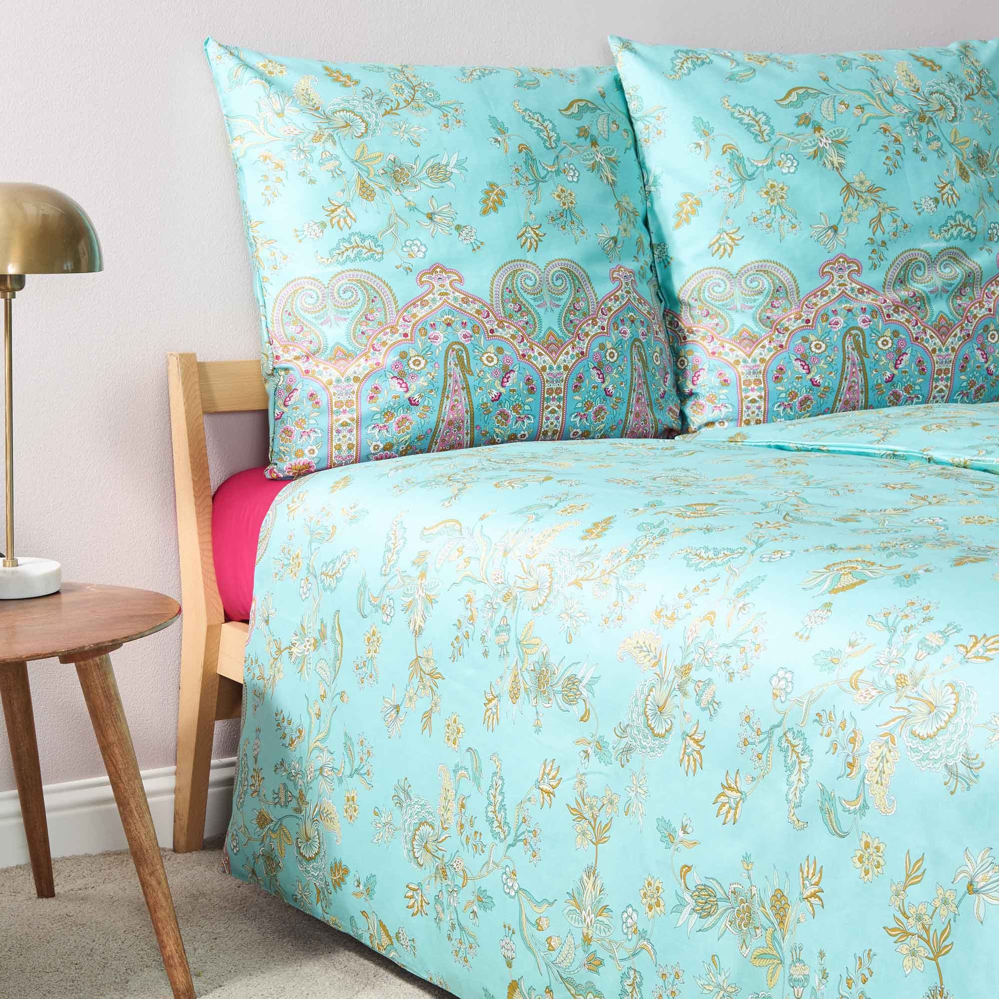 Bassetti Bettwäsche Bettwäsche Bassetti Mako Satin Indian Roses T1 türkis 200x200, Mako Satin, 3 teilig, 100% Baumwolle (Premium Mako Satin)
