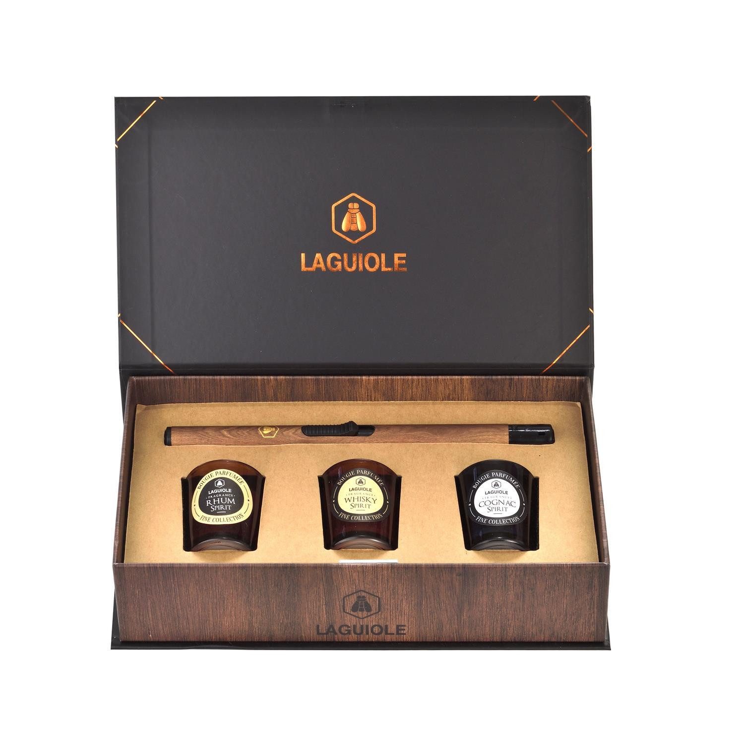 LAGUIOLE Duftkerze Laguiole 3x Kerzen und Stabfeuerzeug in Geschenkbox (Geschenkset, 4-tlg., 3 Duftkerzen im Glas und 1 Kerzenanzünder), in Geschenkbox