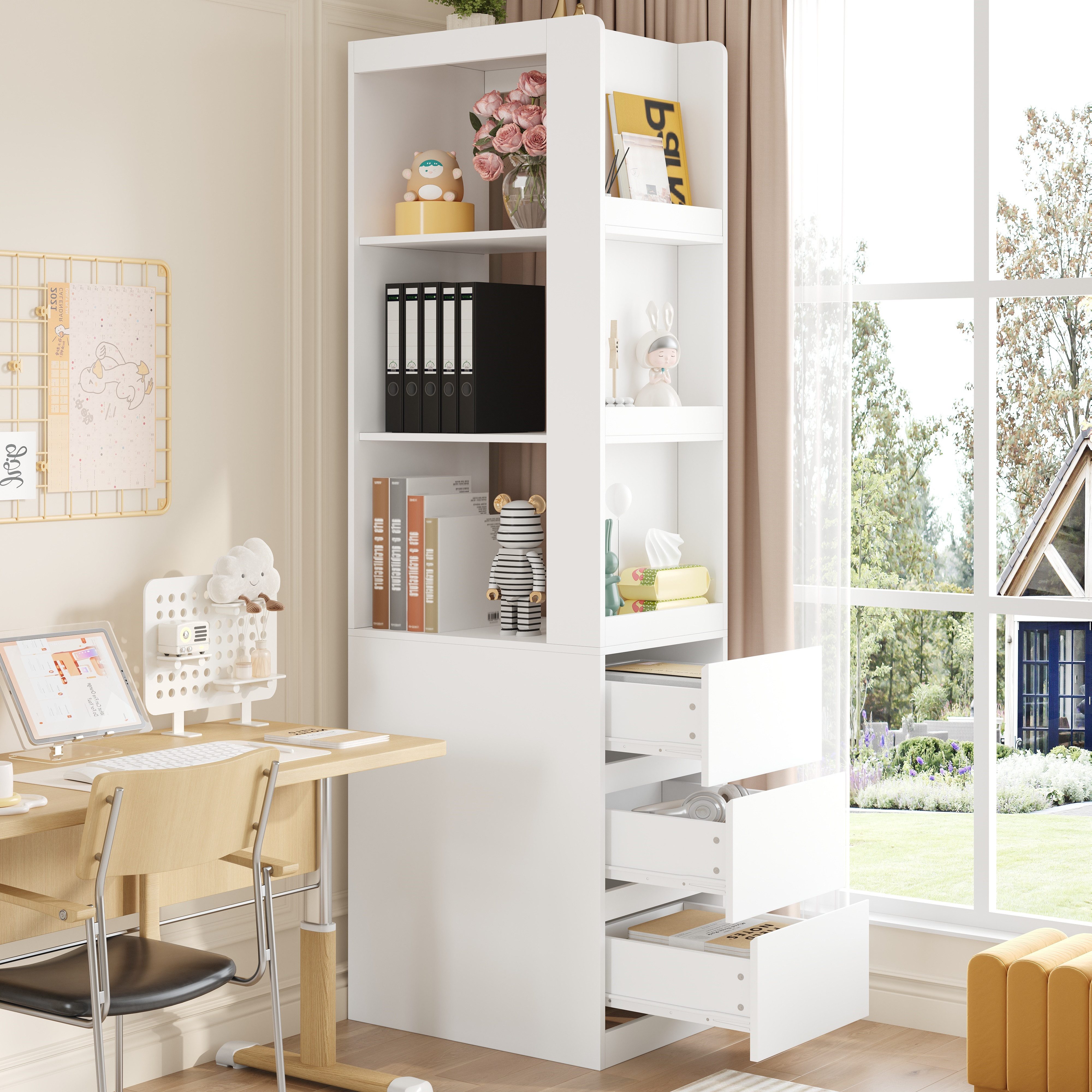 HAUSS SPOLE Bücherregal Schmal Hoher Stauraum Bücherablage mit offene Fächer 3 Schubladen Weiß