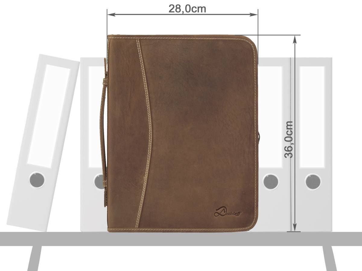 Dethloff Schreibmappe "Hunter" Leder A4 Konferenzmappe 28x36x5cm, Tagungsmappe, Ringbuchmappe, Reißverschluss, Griff, antikbraun