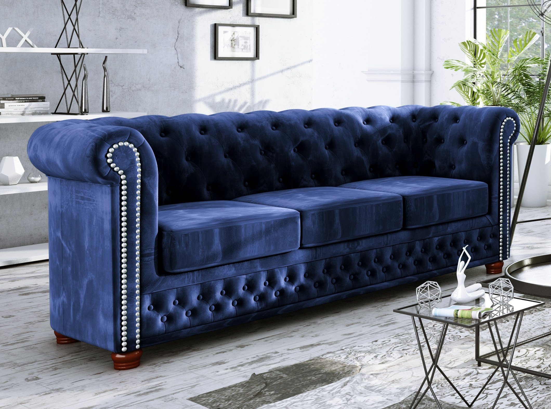 3-Sitzer-Sofa, Möbel 3+2+1, 1x mit S-Style Marineblau Wellenfederung Chesterfield Leeds 1x (1x 2-Sitzer-Sofa, Polstergarnitur Sessel),