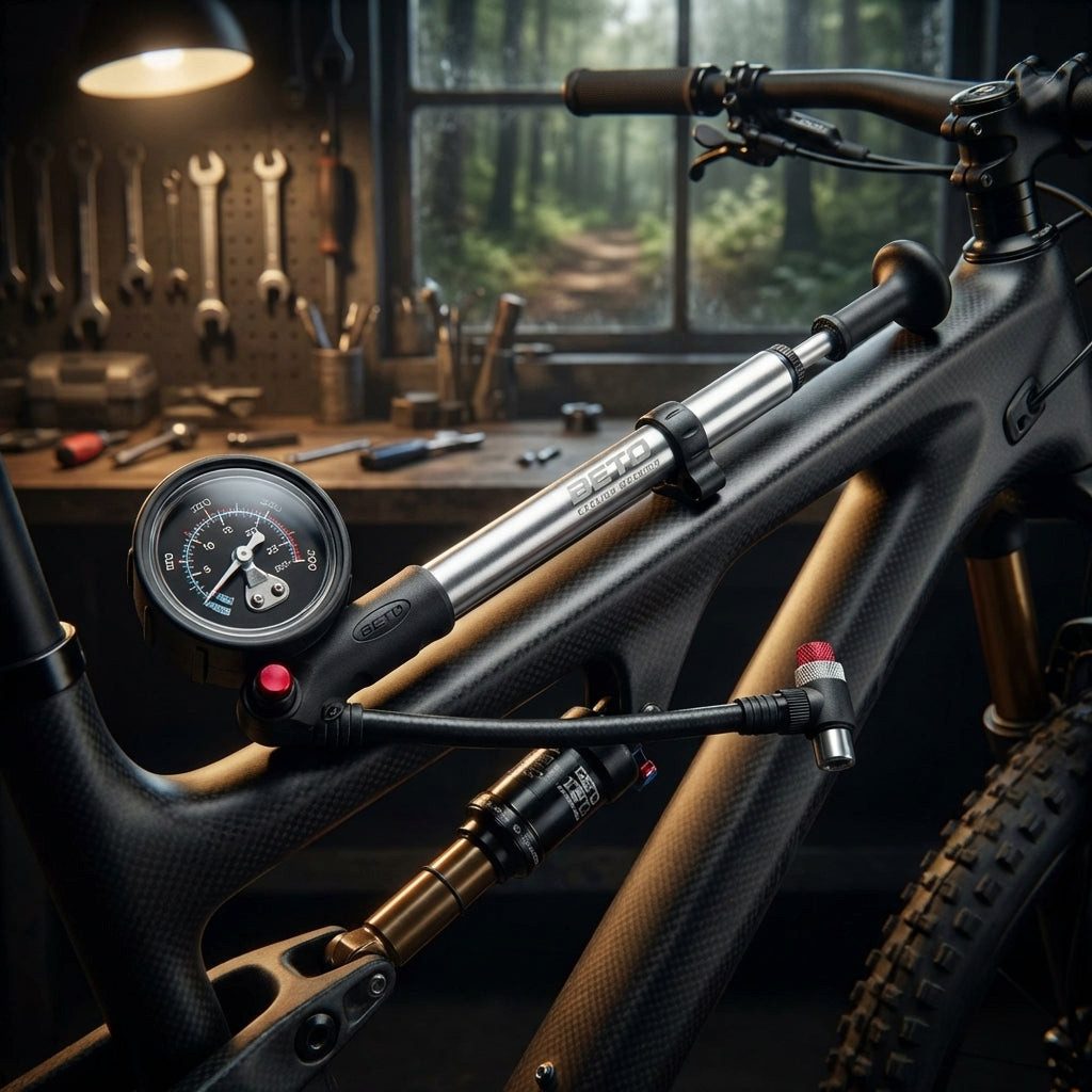 Beto Fahrradpumpe BETO, Pumpen, Federbeinpumpe, Alu, Hochleistungsmanometer bis 28 bar/