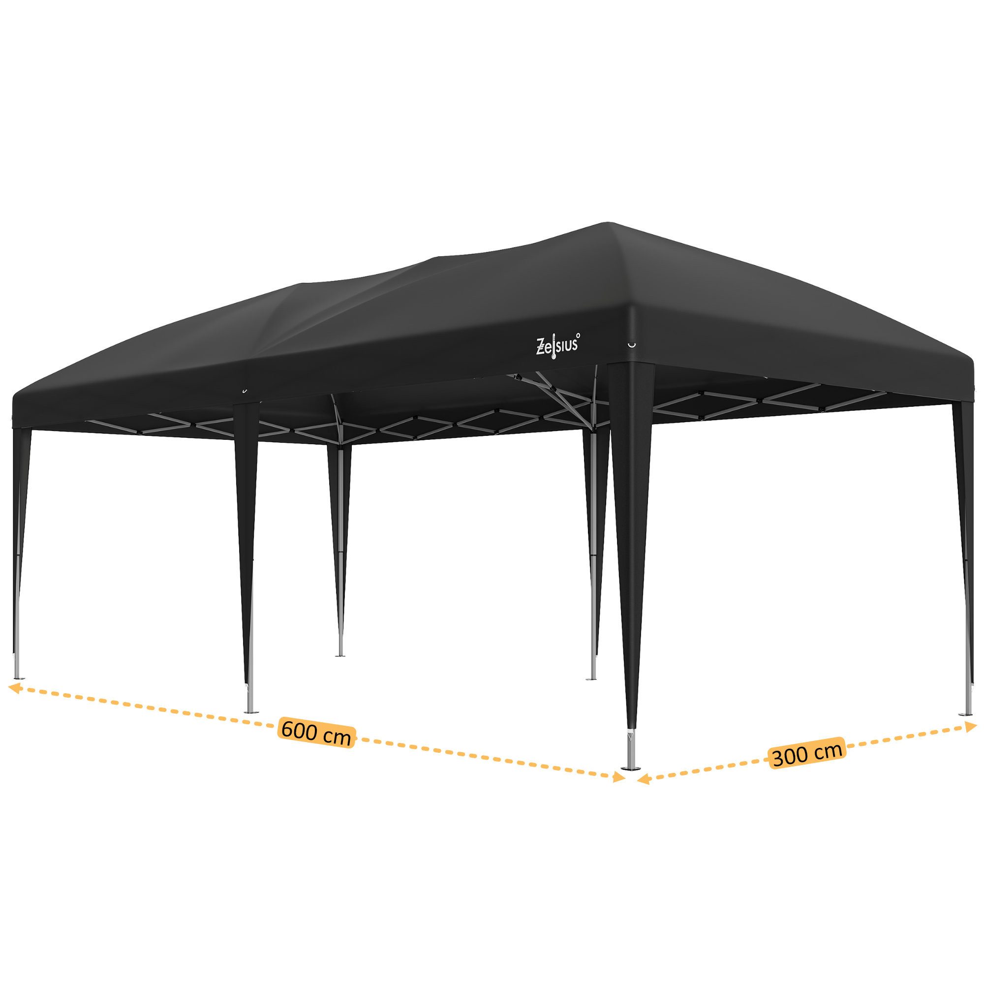 Zelsius Faltpavillon Faltbarer Pavillon 3 x 6 m, Schwarz, Pop-Up Faltpavillon, Gartenzelt, Löcher in den Füßen zur sicheren Befestigung mit Heringen