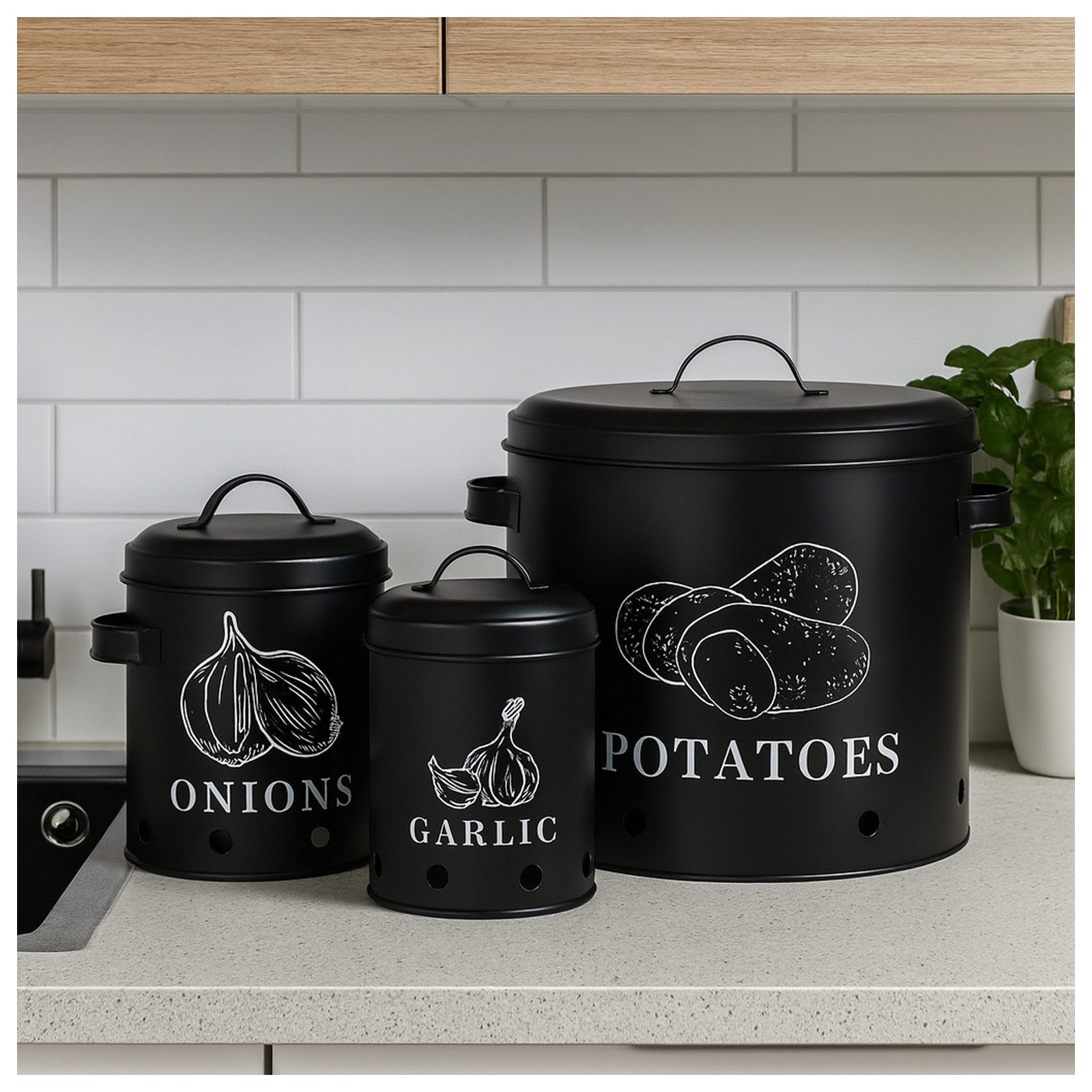 Neuetischkultur Frischhaltedose Банки для хранения für Kartoffeln, Zwiebeln, Knoblauch, Eisen, (Set, 3-tlg., 3 Банки для хранения), Frischhaltedosen Metall