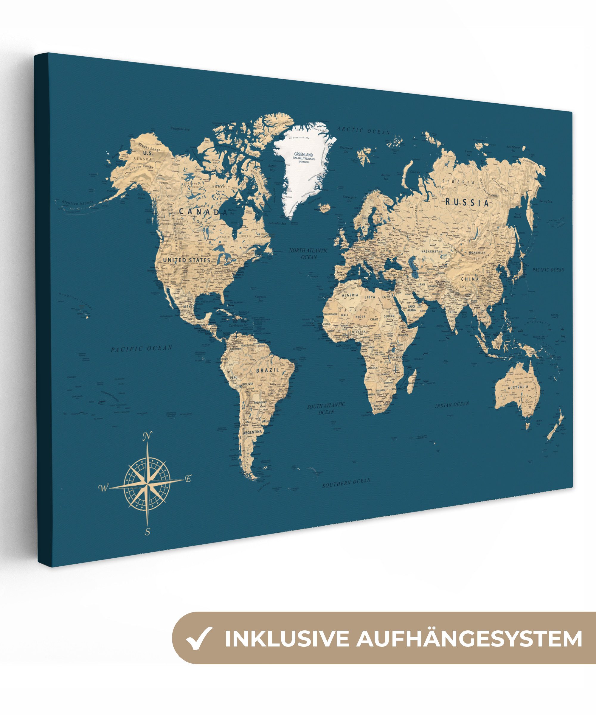 OneMillionCanvasses® Leinwandbild Weltkarte - Dunkelblau - Beige, Fotodruck günstig online kaufen