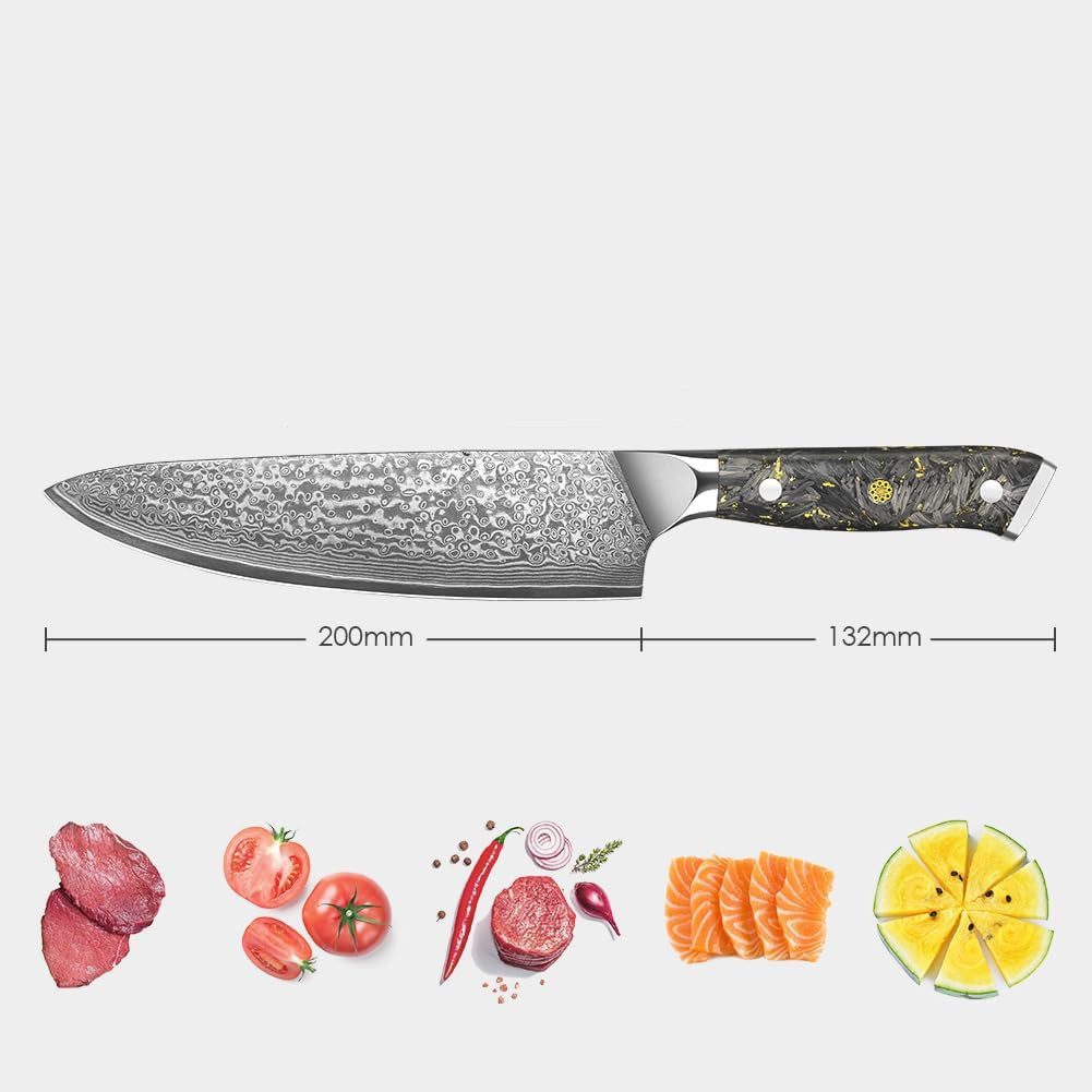 KEENZO Damastmesser 20cm Kochmesser 67 Schichten Damaststahl handgeschmiedet Chefmesser