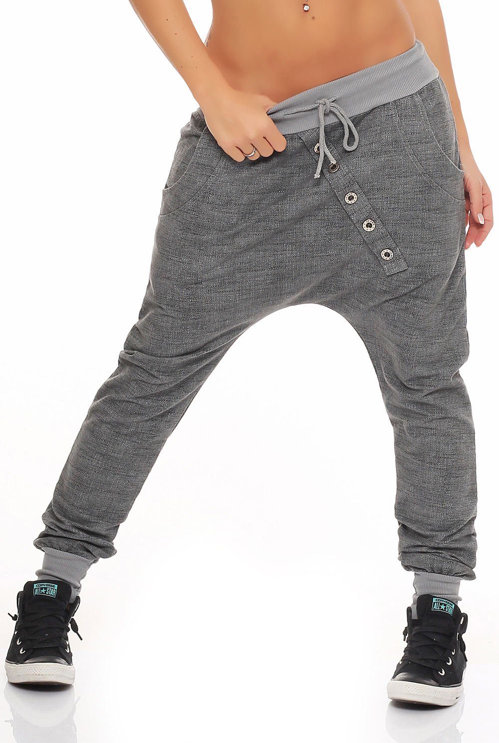 malito more than fashion Jogginghose malito Damen Jogginghose mit Knopfleiste, Sporthose meliert, Baggy Baggyhose mit elastischem Bund Einheitsgröße