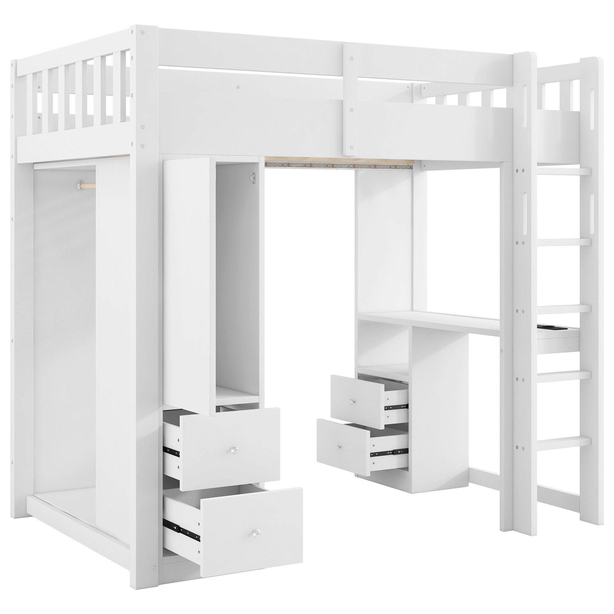 Flieks Loft Bed Children's Bed 90x200cm with Drawers Wardrobe Desk LED & Charging