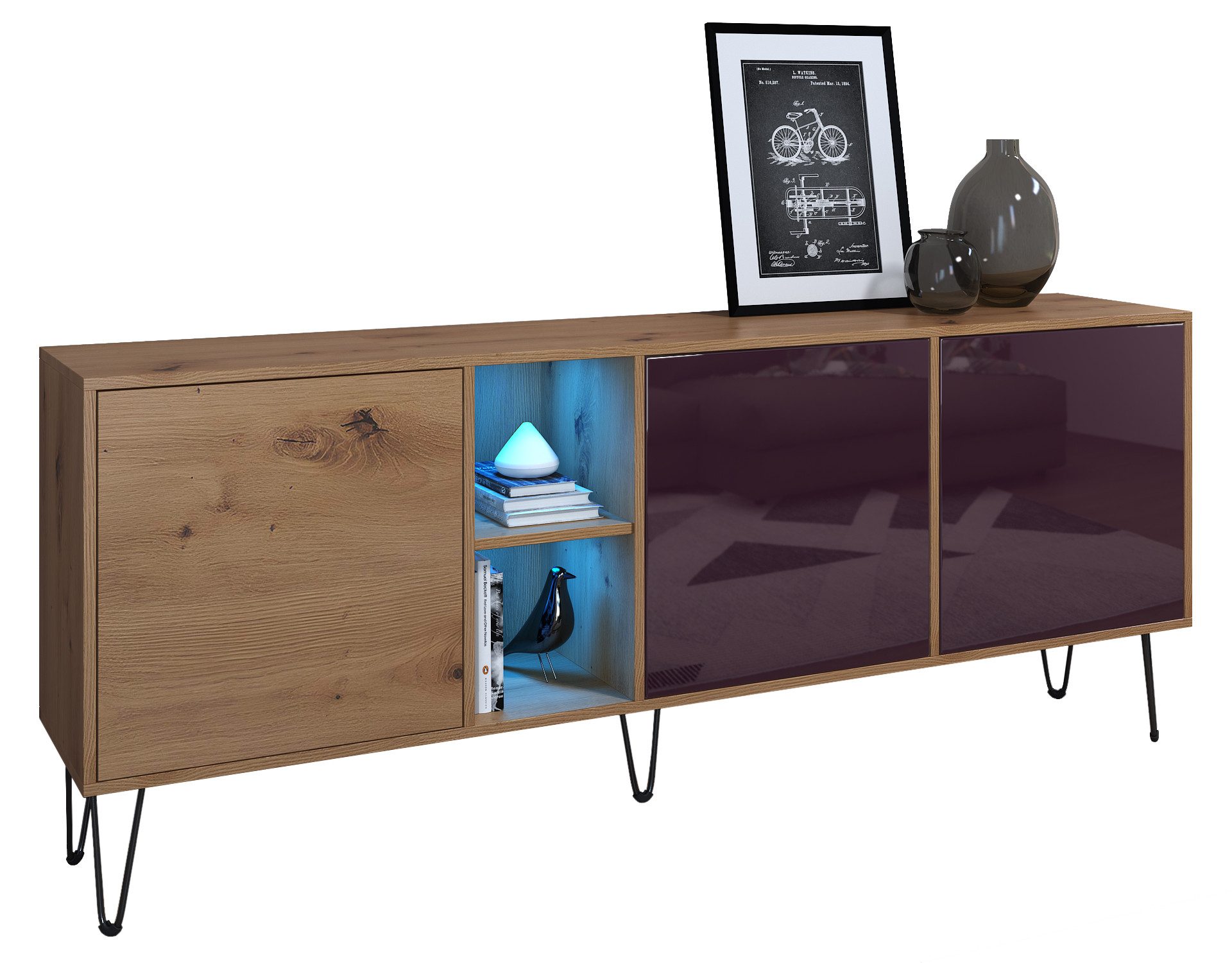 Vladon Sideboard Havana (TV-Schrank mit 3 Türen und 2 offene Fächer, Kommode Made in Germany), Eiche Evoke / Brombeer Hochglanz (181,5 x 73 x 35 cm)