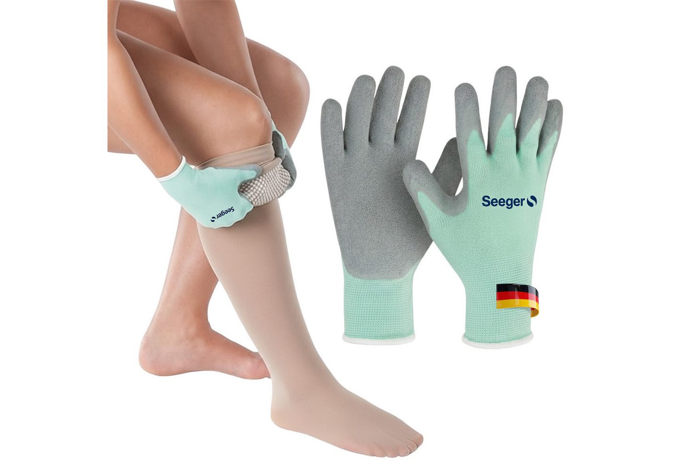 Seeger Gesundheitshaus Kompressionsstrümpfe Seeger Handschuhe/Anziehhilfe für medizinische Kompressionsstrümpfe (Packung, griffige Handschuhe für Kompressionsstrümpfe mit Latex-Beschichtung) Hochwertige Textilhandschuhe, Anziehhilfe für Kompressionstrumpf