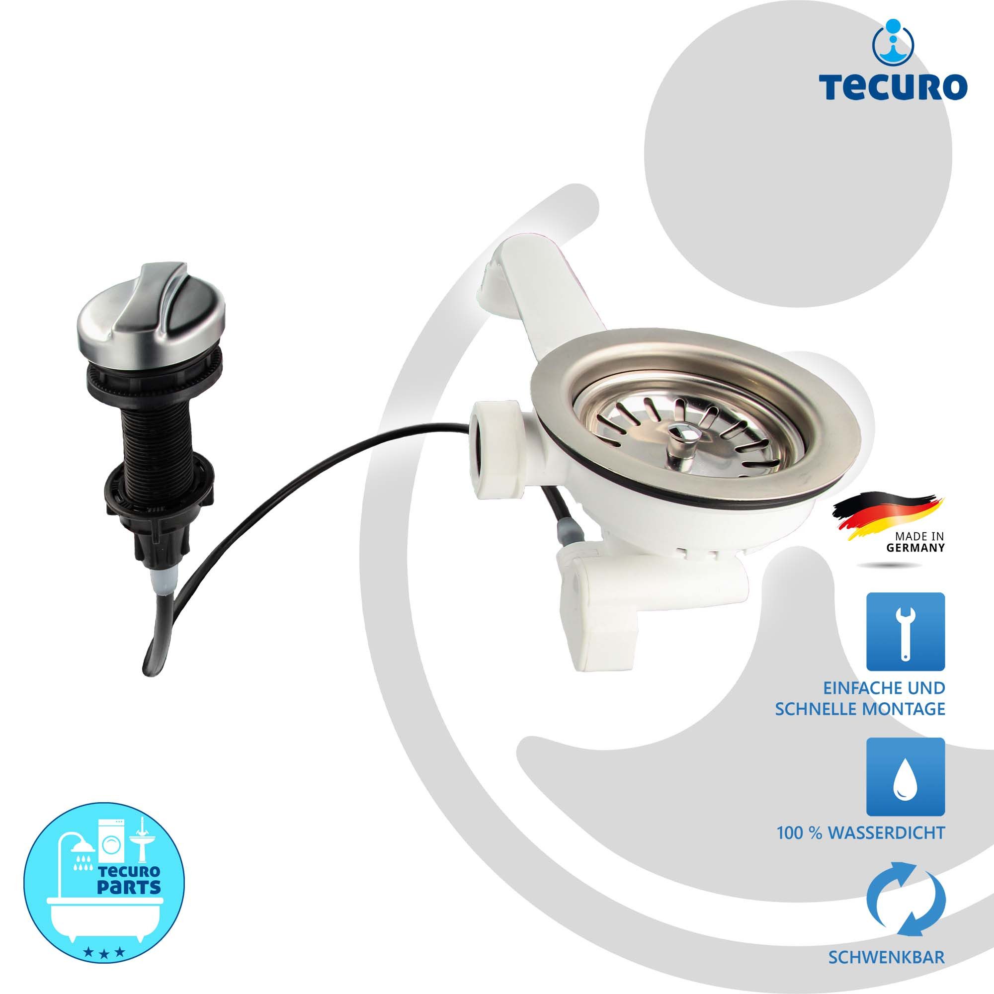 tecuro Siphon 3 1/2 Zoll Spülen-Siebkorbventil mit Seil-Drehbetätigung