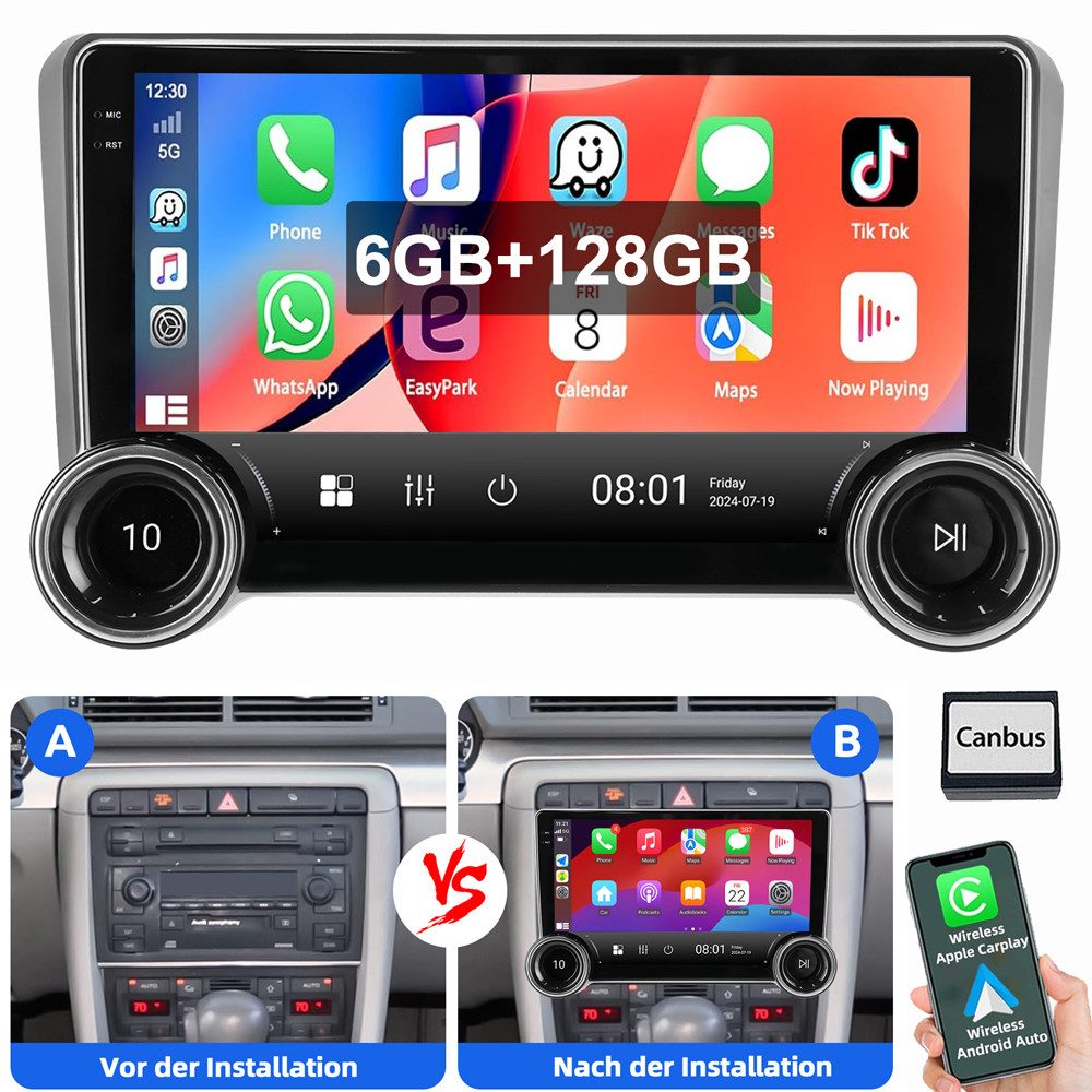 ESSGOO Für Audi A3 S3 8P 2003-2013 6+128GB 8-Kern WIFI Autoradio (RDS, Digitalradio (DAB), FM, AM, Carplay Android Auto GPS Navi WIFI BT 4G LTE)