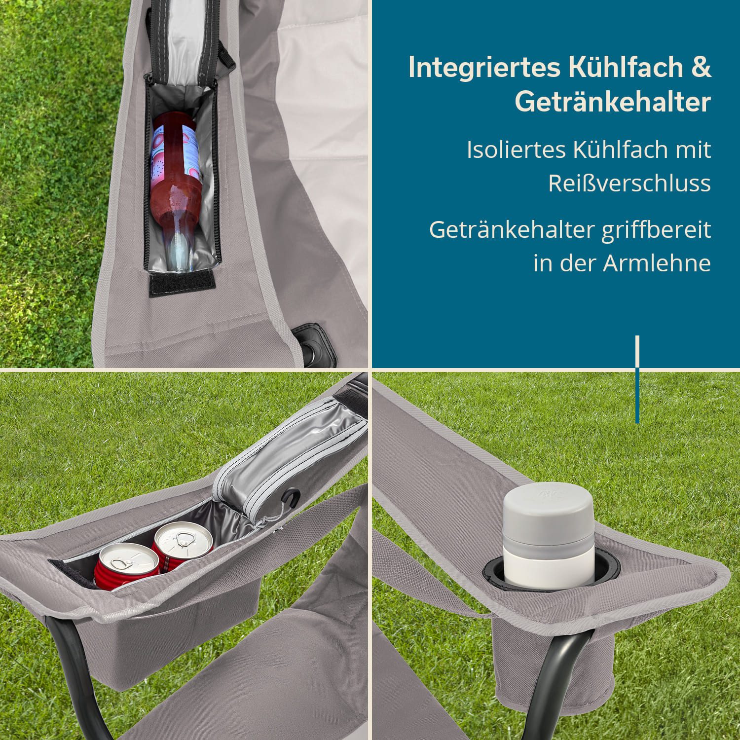Skandika Campingstuhl Relax Comfort, Klappstuhl, Faltsessel, Anglerstuhl, Gartenstuhl (Max. Nutzergewicht 160 kg, Reißverschlussfach im Kopfteil, Tragetasche), Getränkehalter, Kühlfach, Seitentasche, Polsterfach, breite Sitzfläche