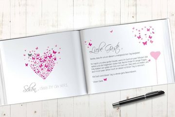 bigdaygraphix Notizbuch Hochzeitsgästebuch A4 Schmetterling Pink, Vorgefertigte Fragen für besondere Einträge.