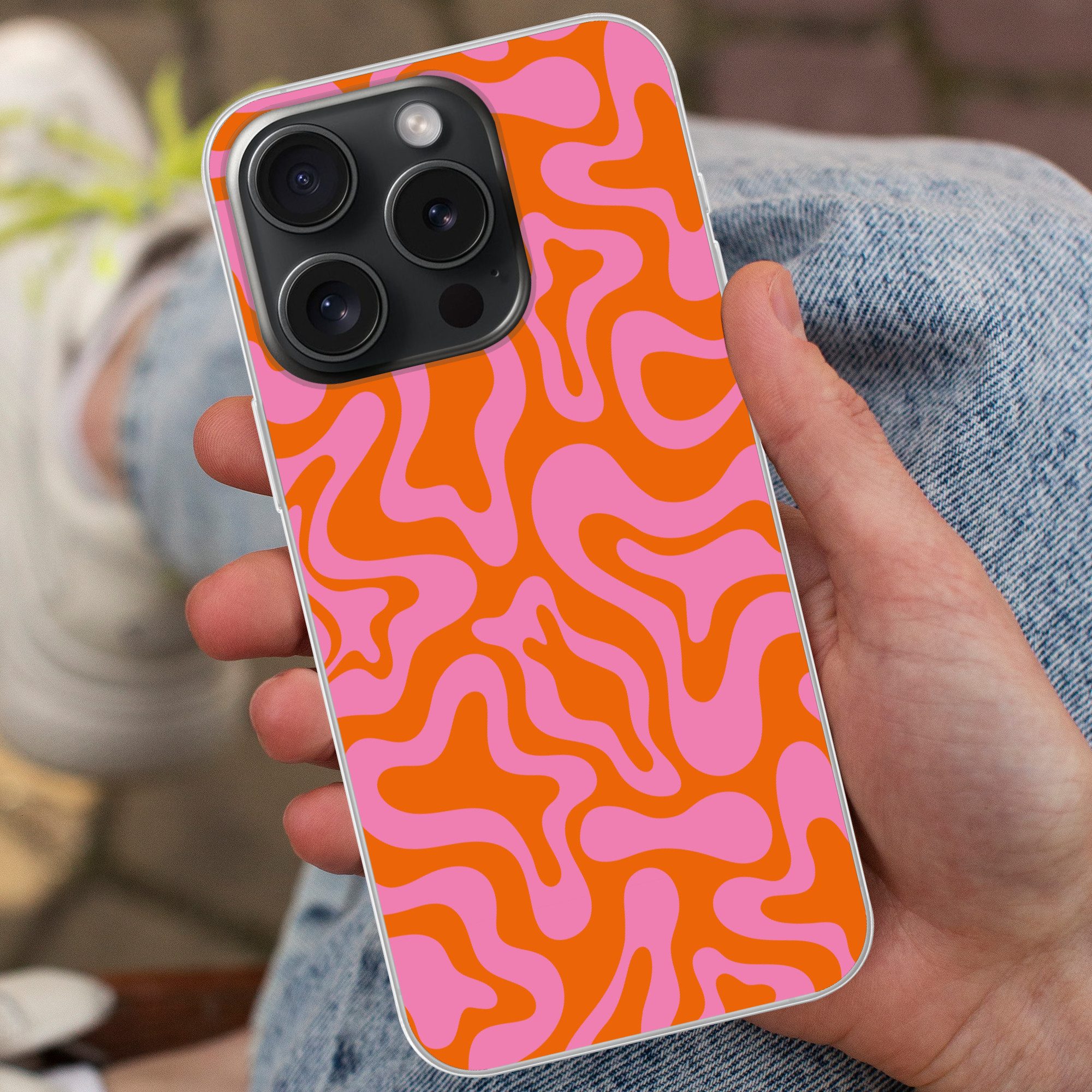 MuchoWow Handyhülle für Apple iPhone 15 Pro Muster - Rosa - Orange - Abstrakt - Modern, Smartphone-Bumper, Print, Handy Schutzhülle Dünn