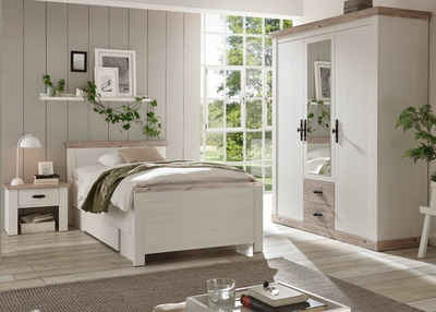 Furn.Design Komplettschlafzimmer Rovola, (Single Schlafzimmer in Pinie weiß Landhaus, Set 3-teilig), mit 3-türigem Kleiderschrank