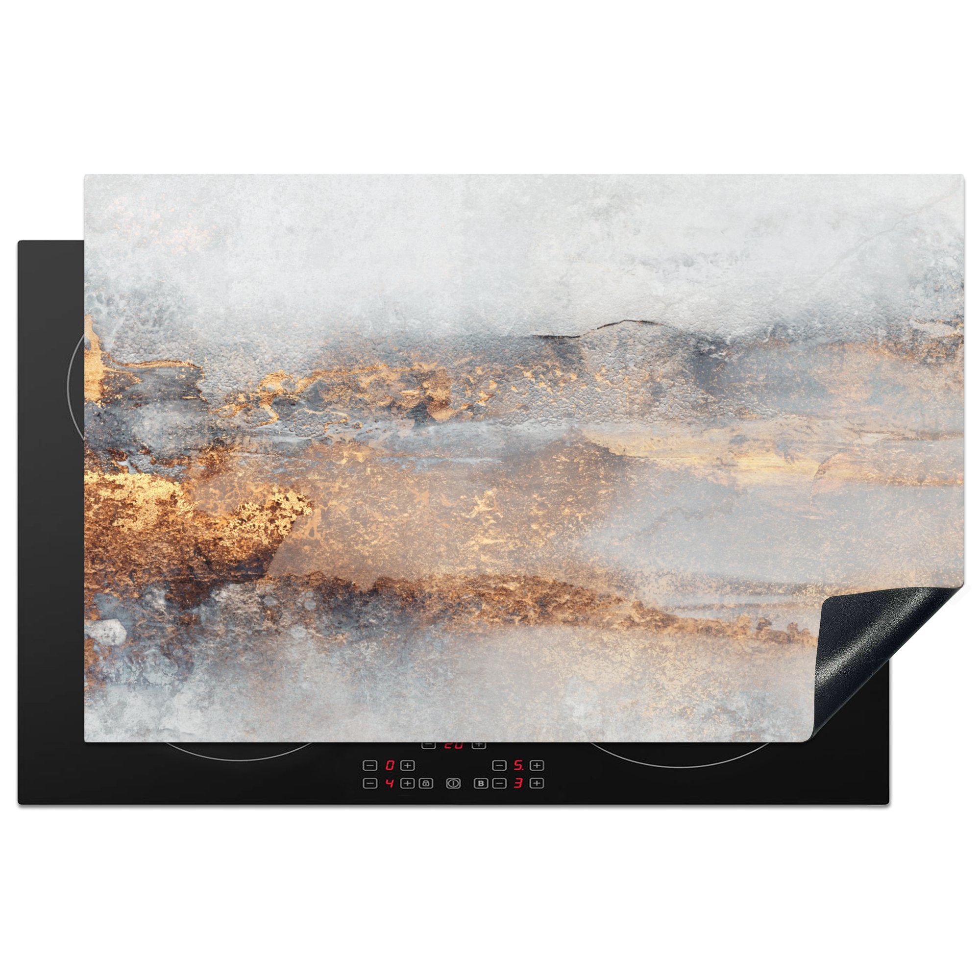 MuchoWow Herdblende-/Abdeckplatte Nebel - Gold - Abstrakt, Vinyl, (1 tlg), 81x52 cm, Induktionskochfeld Schutz für die küche, Ceranfeldabdeckung | Herdabdeckplatten