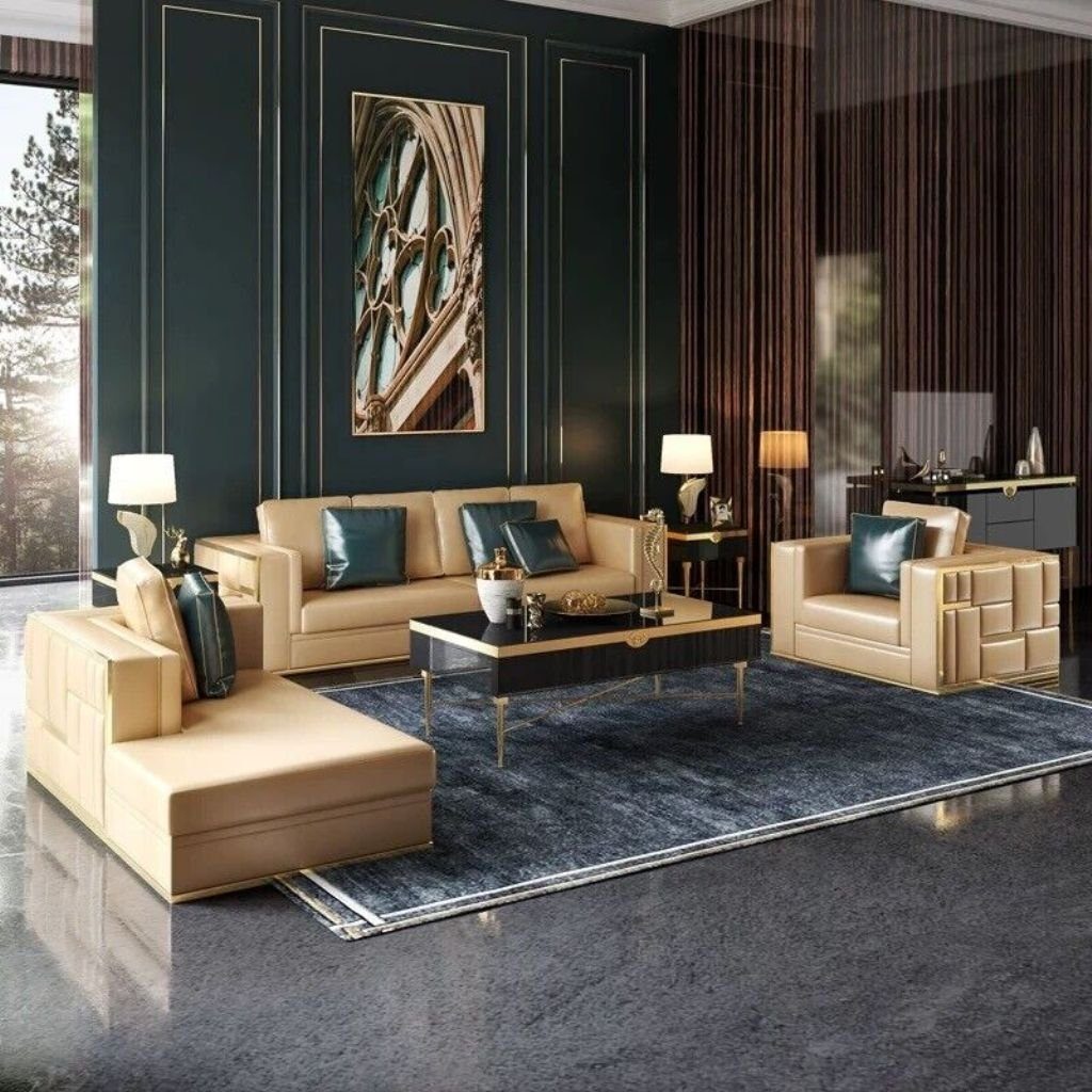 JVmoebel Wohnzimmer-Set, Edelstahl Couch Polster Leder Sofa 2+1+1 Sitzer Couchen Garnitur Gold