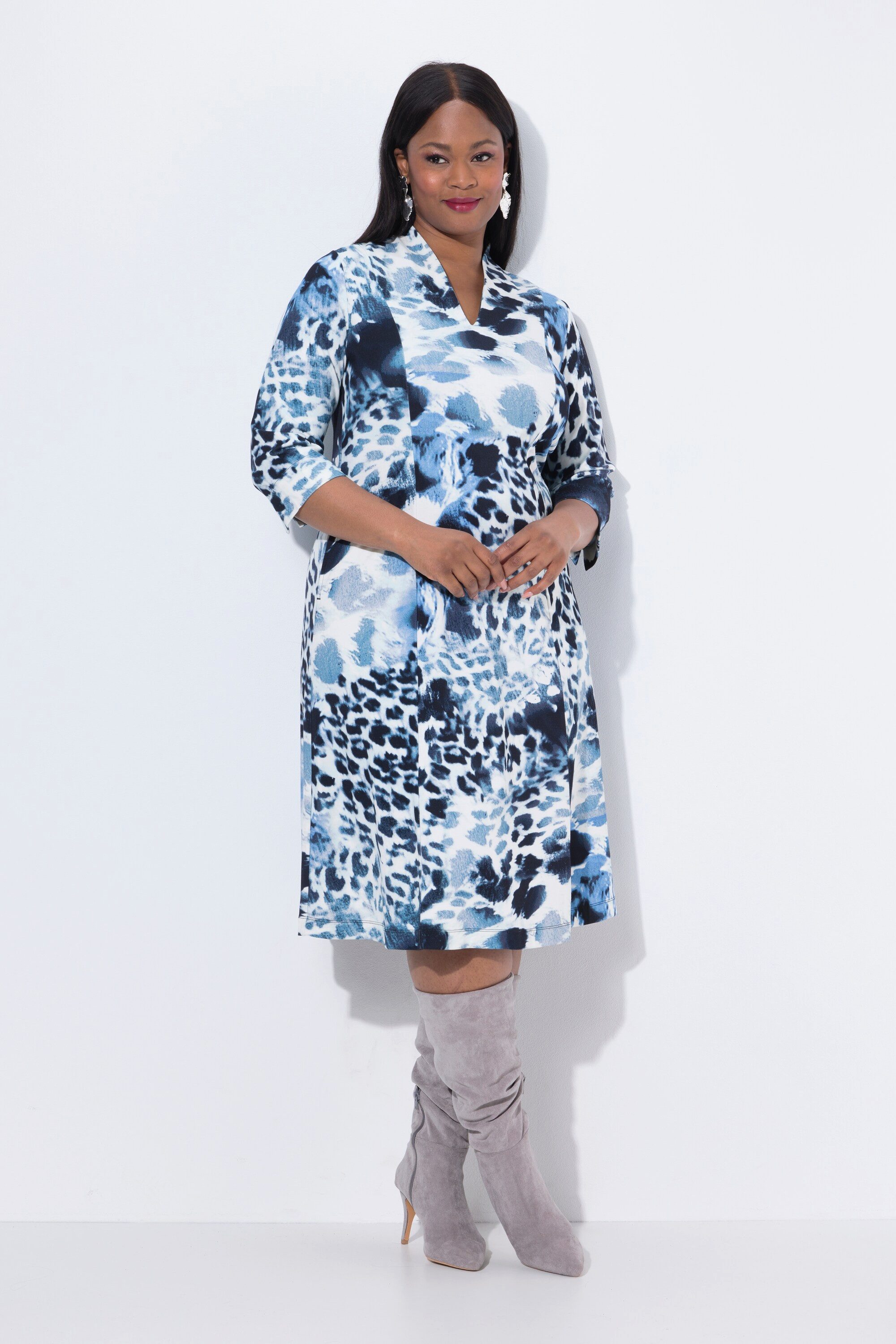 Ulla Popken Midikleid Punto-Kleid Leomuster Kelchkragen günstig online kaufen