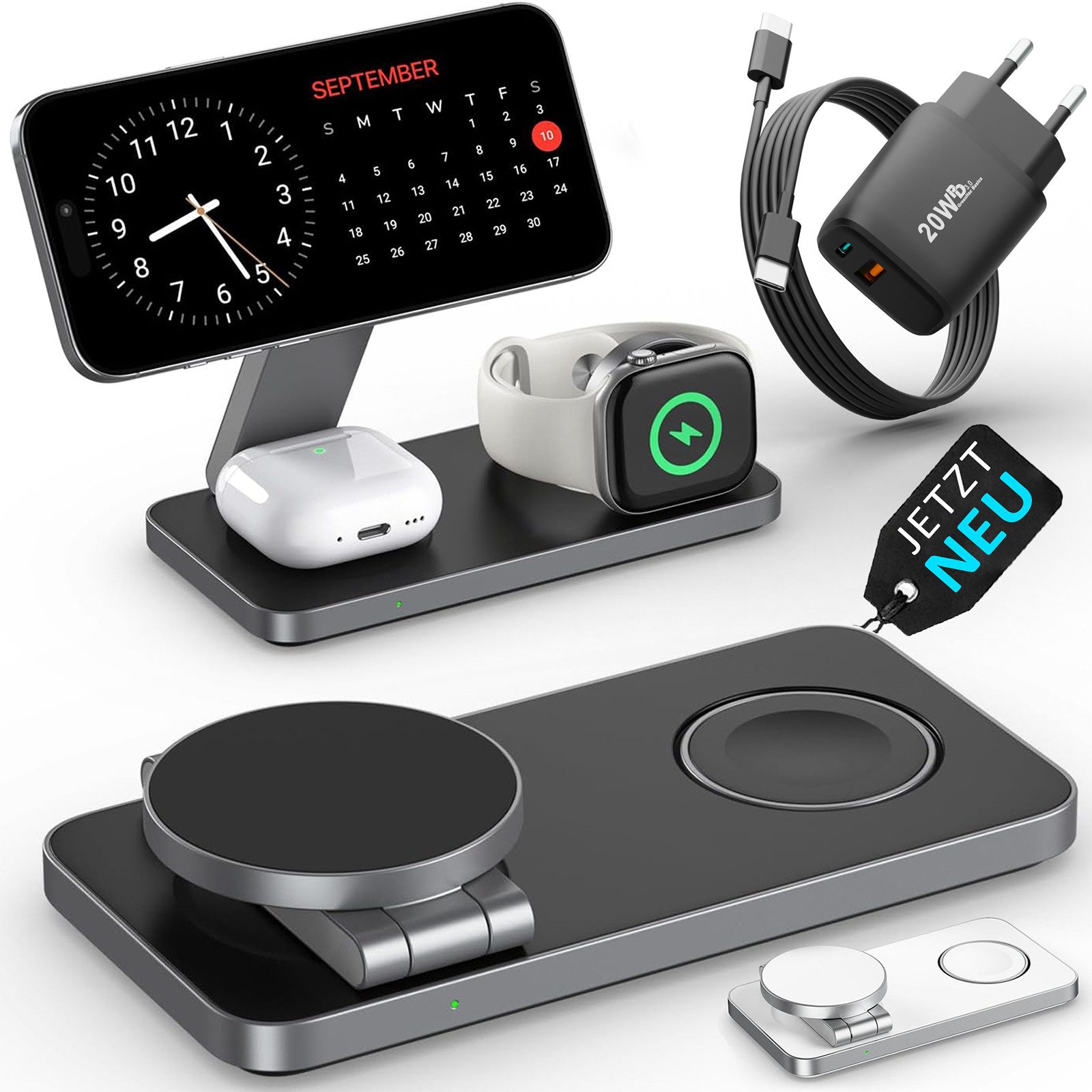 GreenHec Ladestation Apple Watch iPhone 3in1 MagSafe Ladegerät Wireless Charger Wireless Charger (3000 mA, Spar-Set, 3in1 PowerBase + USB-C Kabel + 20w Ladegerät, 17 16 15 14 13 12 Pro Max Air Charging Station Induktionsladegerät)