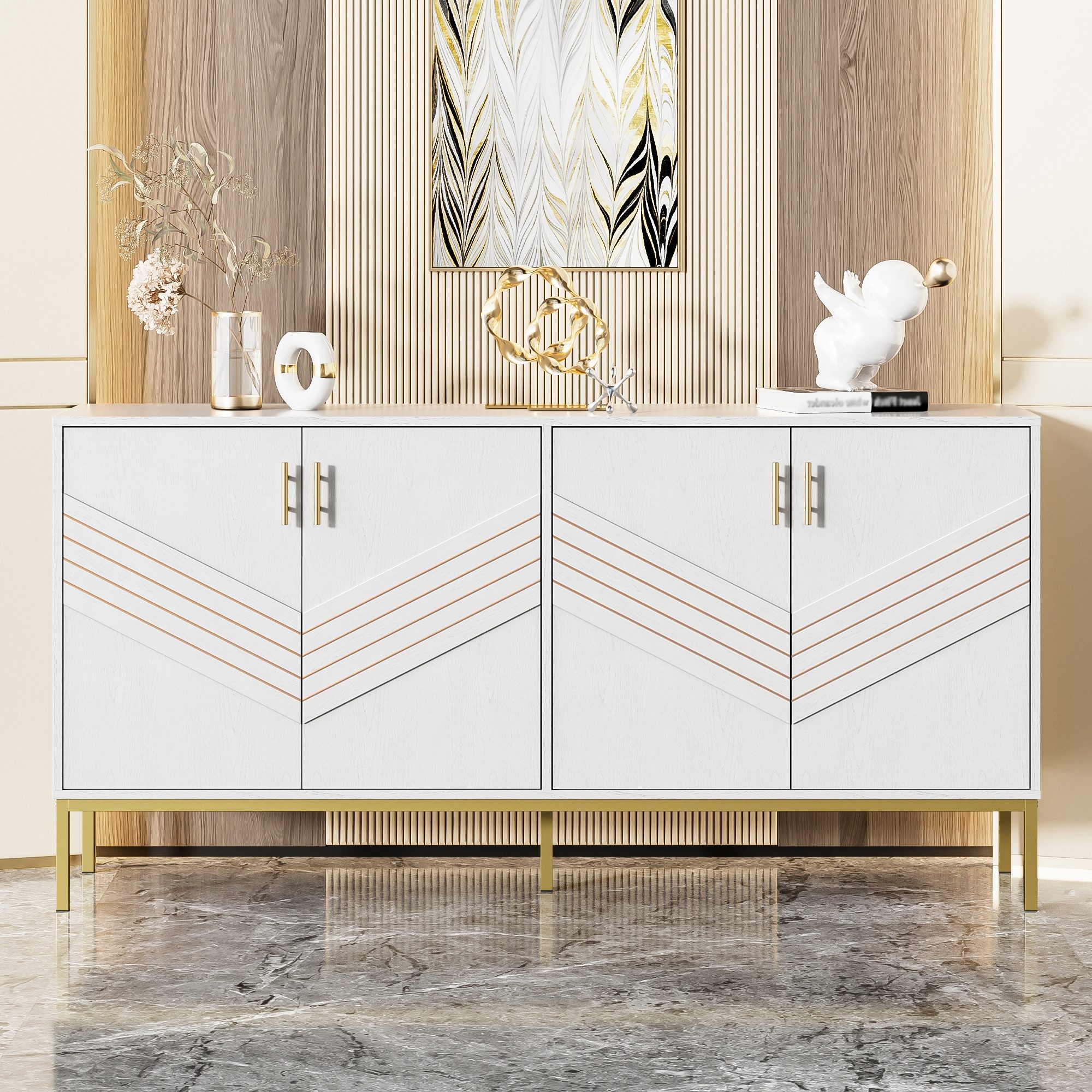 IDEASY Sideboard 4-türiges Sideboard Weiß-Gold, MDF & Metallbeine, Höhenverstellbar, großer Stauraum für Wohnbereich