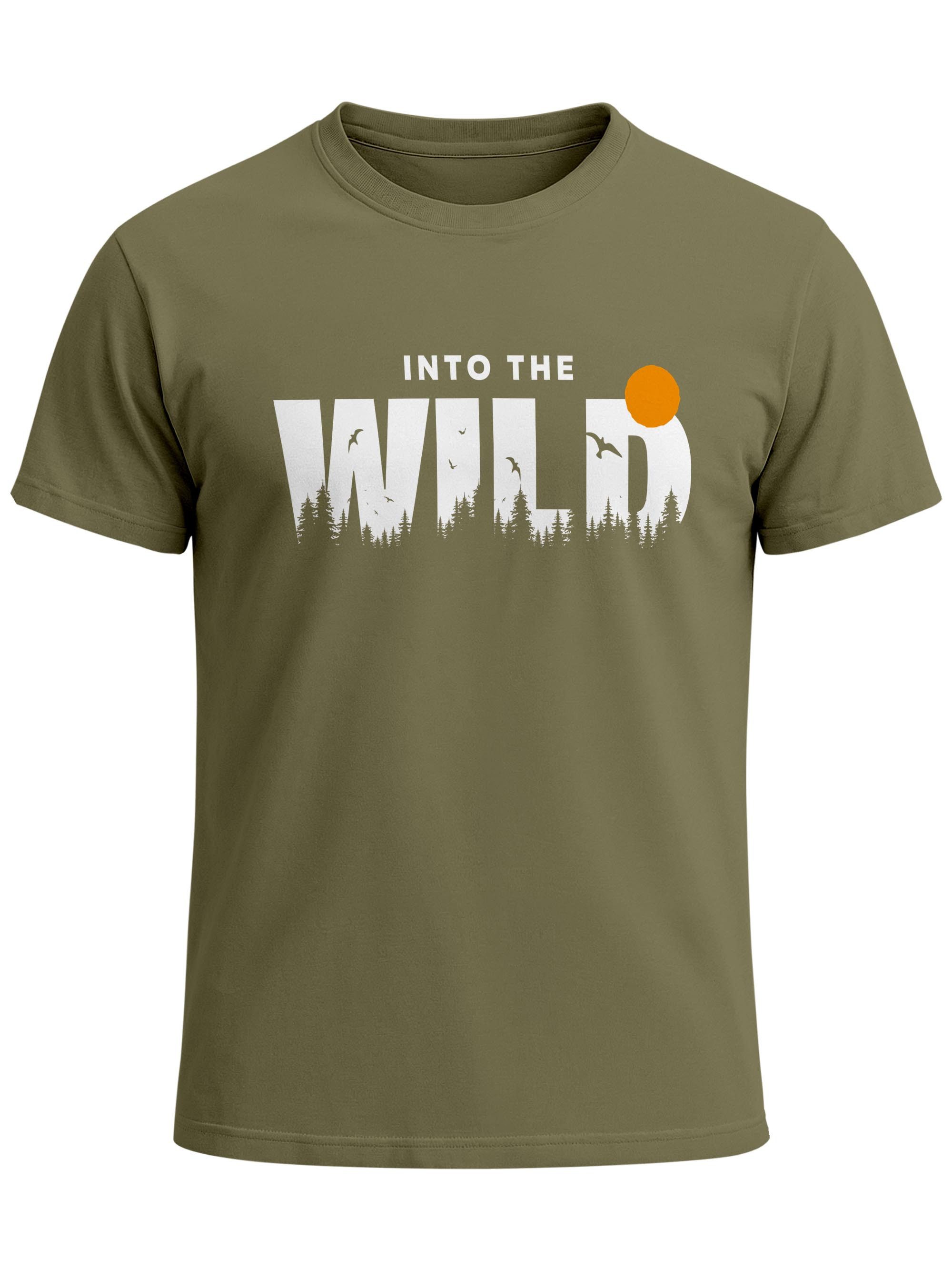 Print-Shirt Herren T-Shirt Brustprint Bedruckt Into the Wild Schriftzug Outdoor