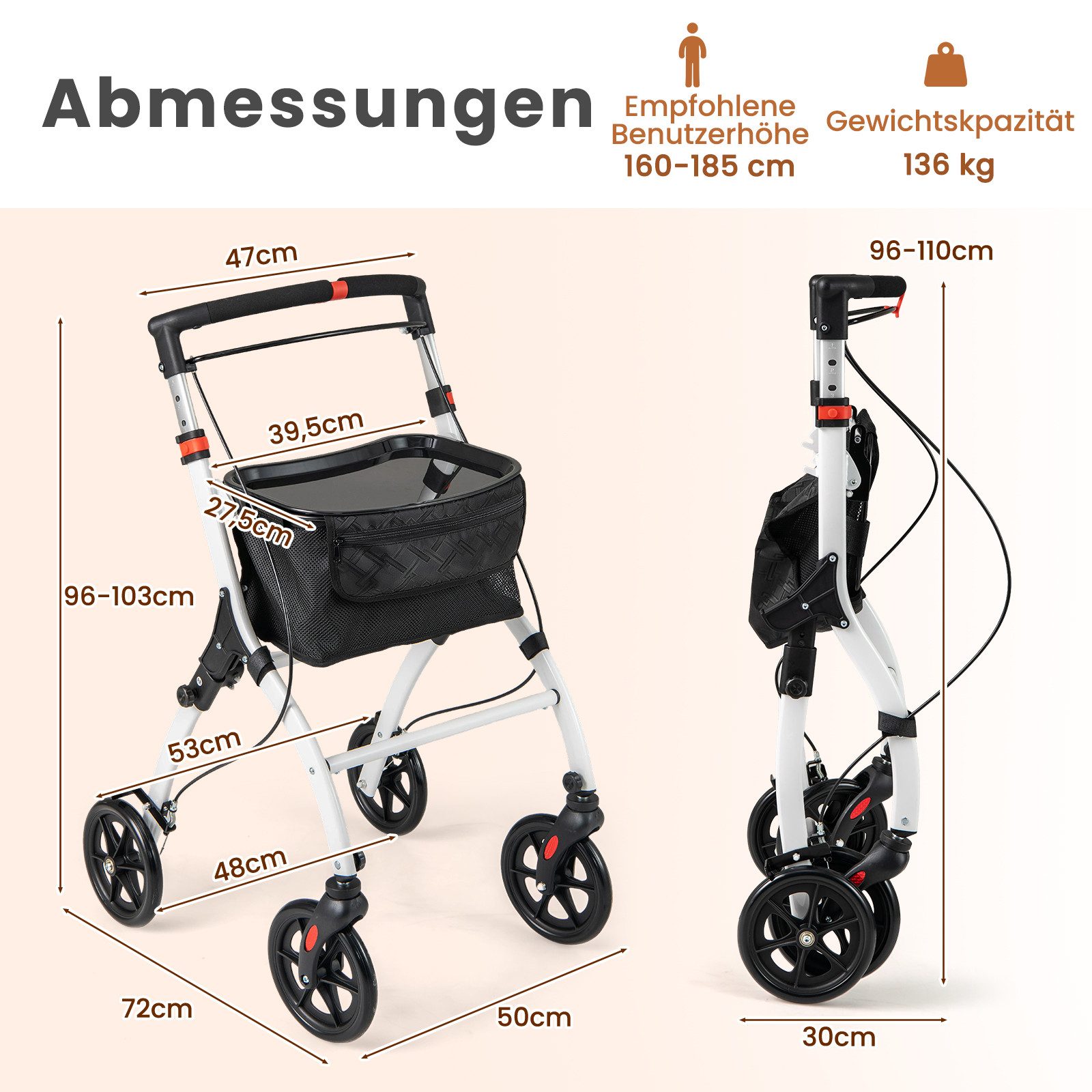 COSTWAY Rollator, 5-Fach höhenverstellbar, mit Tablett & Korb, faltbar