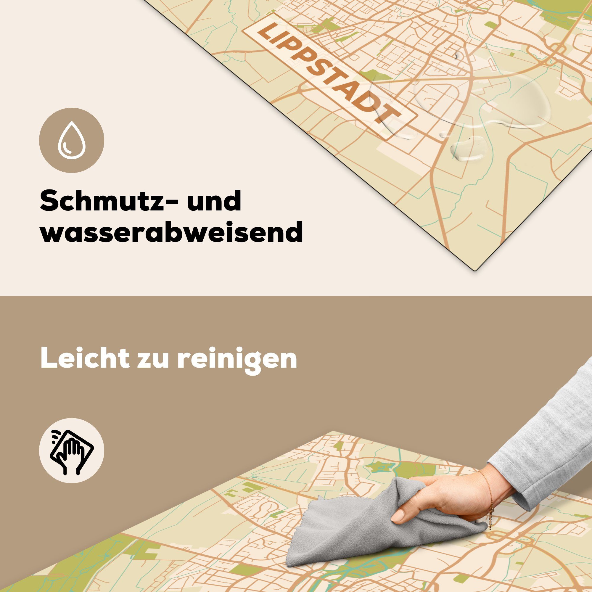 tlg), küche Vinyl, - Karte Karte Ceranfeldabdeckung, - Arbeitsplatte (1 cm, Herdblende-/Abdeckplatte Stadtplan MuchoWow für Vintage, 78x78 Lippstadt - -