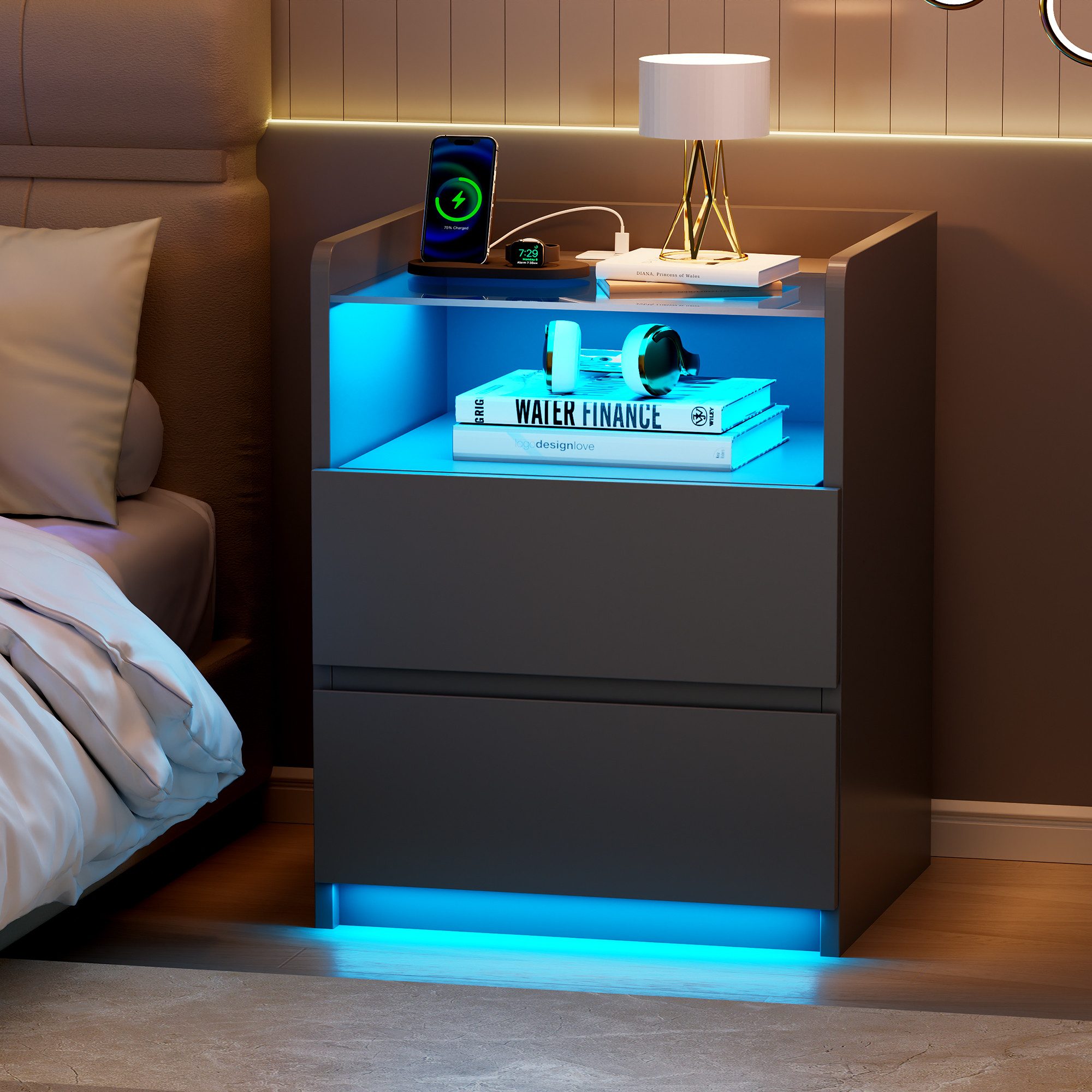 BEWISHOME Nachttisch 2er Set mit RGB-LED-Beleuchtung und Ladestation, 40x35x60 cm (2-St), Gehärtete Glasplatte, 2 Schubladen & Offenes Fach – Bild 4 von 5