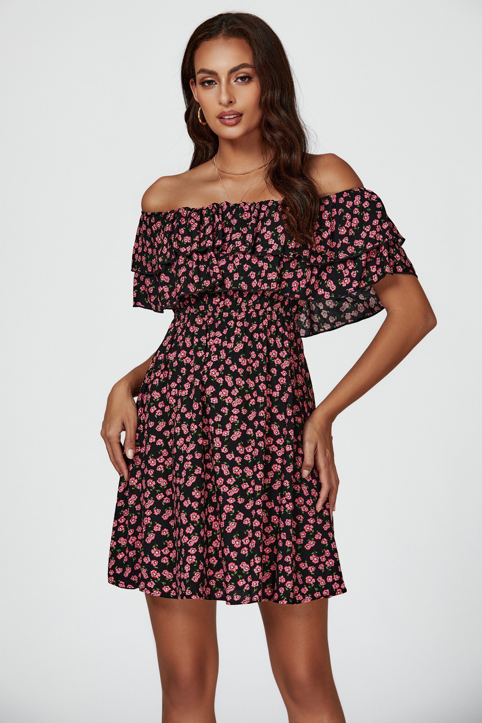 FS Collection Minikleid Damen Minikleid Bardotkleid Sommerkleid Partykleid Off Shoulder (XS (EU:36 / UK:8) · S (EU:38 / UK:10) · M (EU:40 / UK:12) · L (EU:42 / UK:14) · XL (EU:44 / UK:16), 4 Farben: Staubblau, Schwarz-Gelb, Schwarz-Rosa und Rot) Schwarz-G