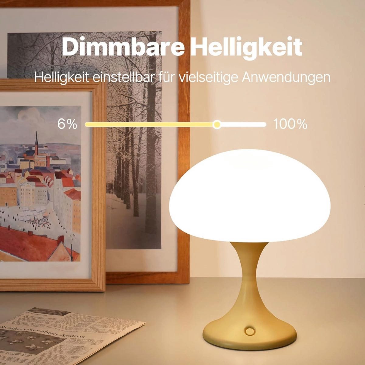 EVERY LED Tischleuchte Pilzlampe Nachttischlampe Touch-Funktion Aufladbar Dimmbar Kabellos, LED fest integriert, Kaltweiß, Neutralweiß, Warmweiß, Opalglas Metallbasis, Stufenlose Dimmung zum Lesen Arbeiten Entspannen