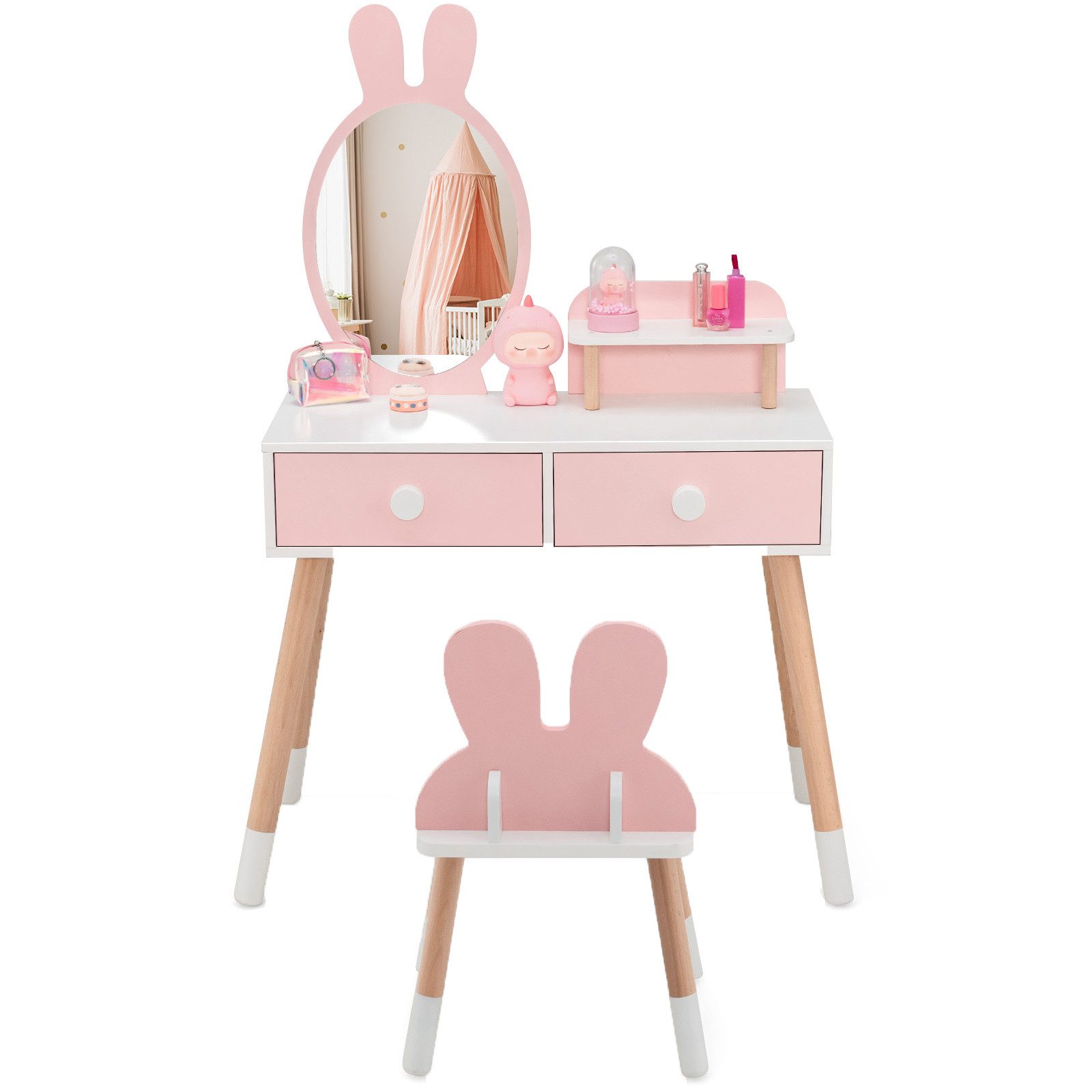 COSTWAY Schminktisch 2 in 1, aus Holz, mit Spiegel, 2 Schubladen
