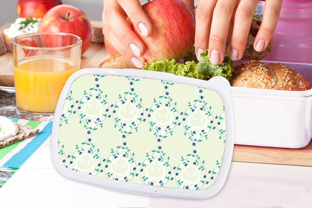 MuchoWow Lunchbox Grün - - Kinder Brotbox weiß - für für Mädchen und Blau Blume Jungs und Design, Erwachsene, Kunststoff, (2-tlg), Brotdose