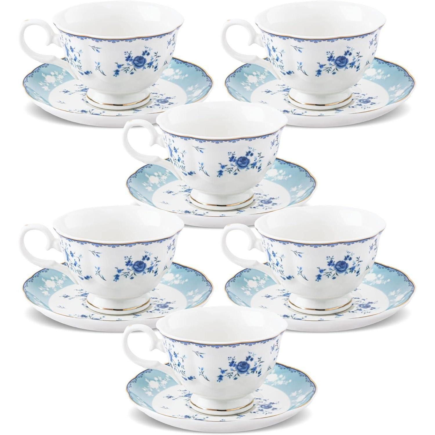 LuxusKollektion Tasse Teetassen Untertassen 6teilig Porzellan 150ml Blumenmuster Blau