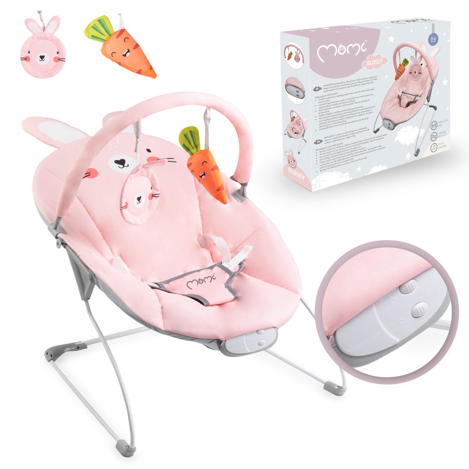 MoMi Babywippe GLOSSY, mit Vibration, Musik und Spielbogen