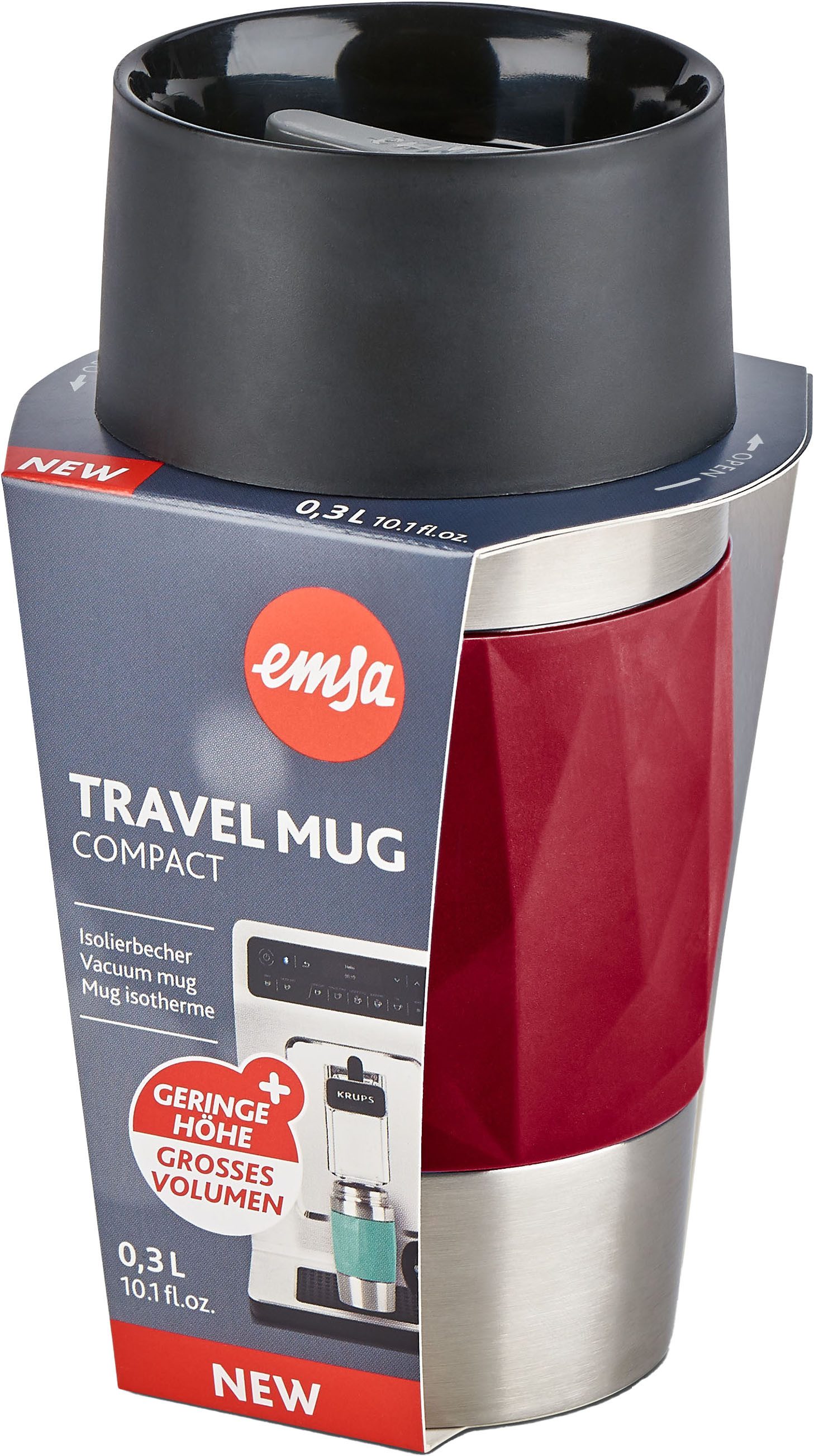 Emsa Thermobecher Travel Mug Compact, Edelstahl, Kunststoff, Silikon, 0,3L, Edelstahl, 3h warm/6h kalt, 360°Trinköffnung, spülmaschinenfest