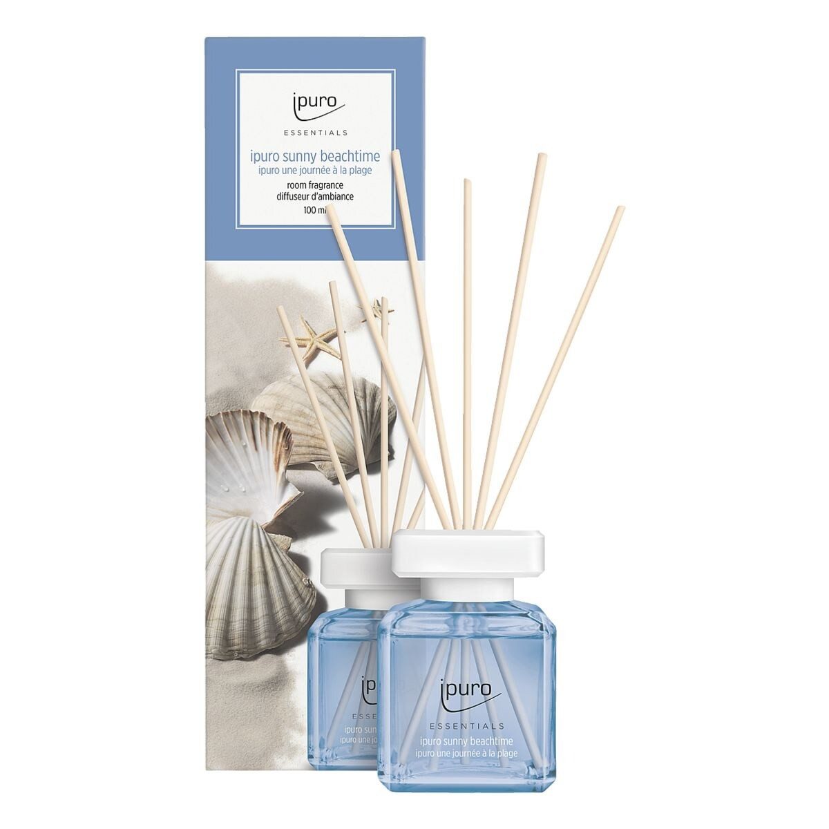 IPURO Raumduft Sunny Beach Time, 100 ml, Glasflakon mit Rattan-Holzstäbchen