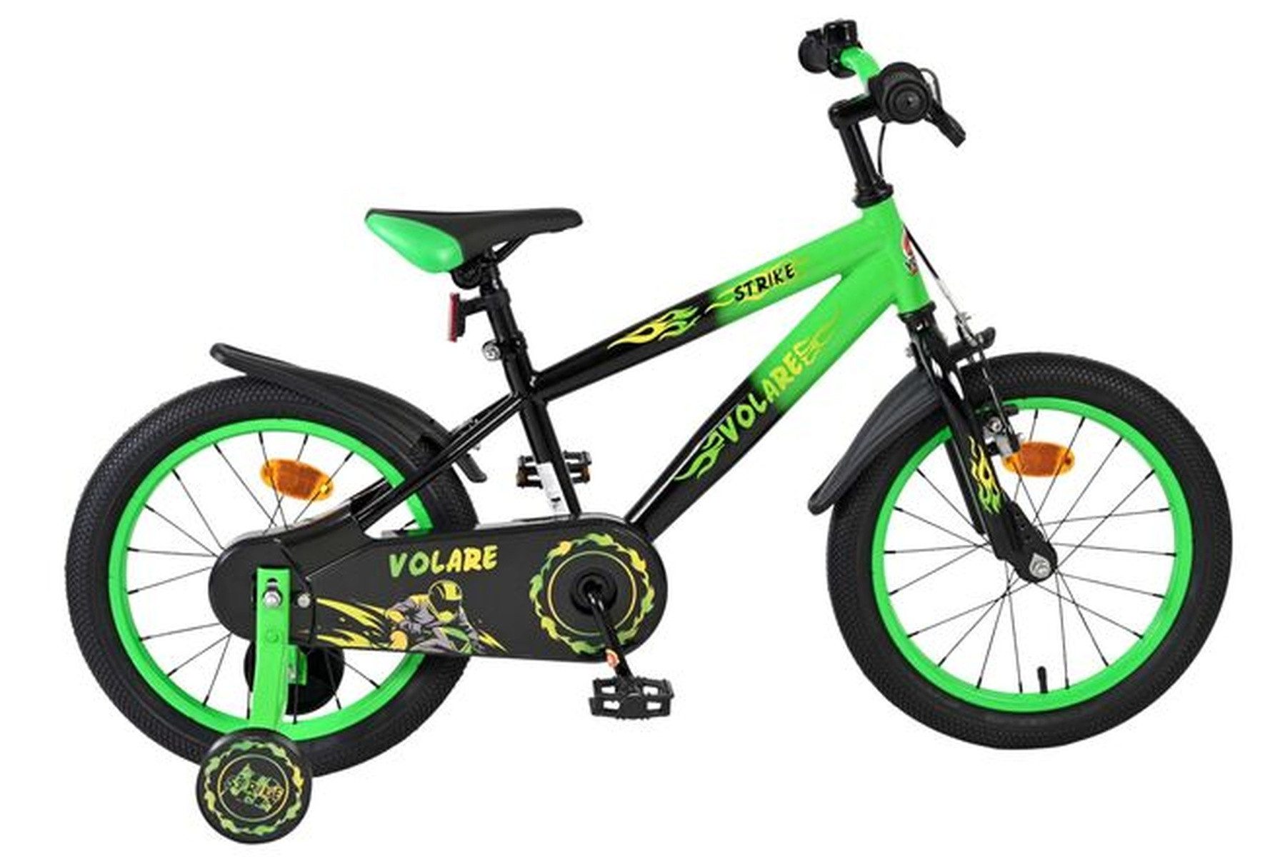 Volare Kinderfahrrad Strike 16 Zoll für Jungen – Schwarz-Grün, zwei Handbremsen, Stützräder, Höhenverstellbarer Sattel und Lenker (52–65,5 cm), Luftreifen