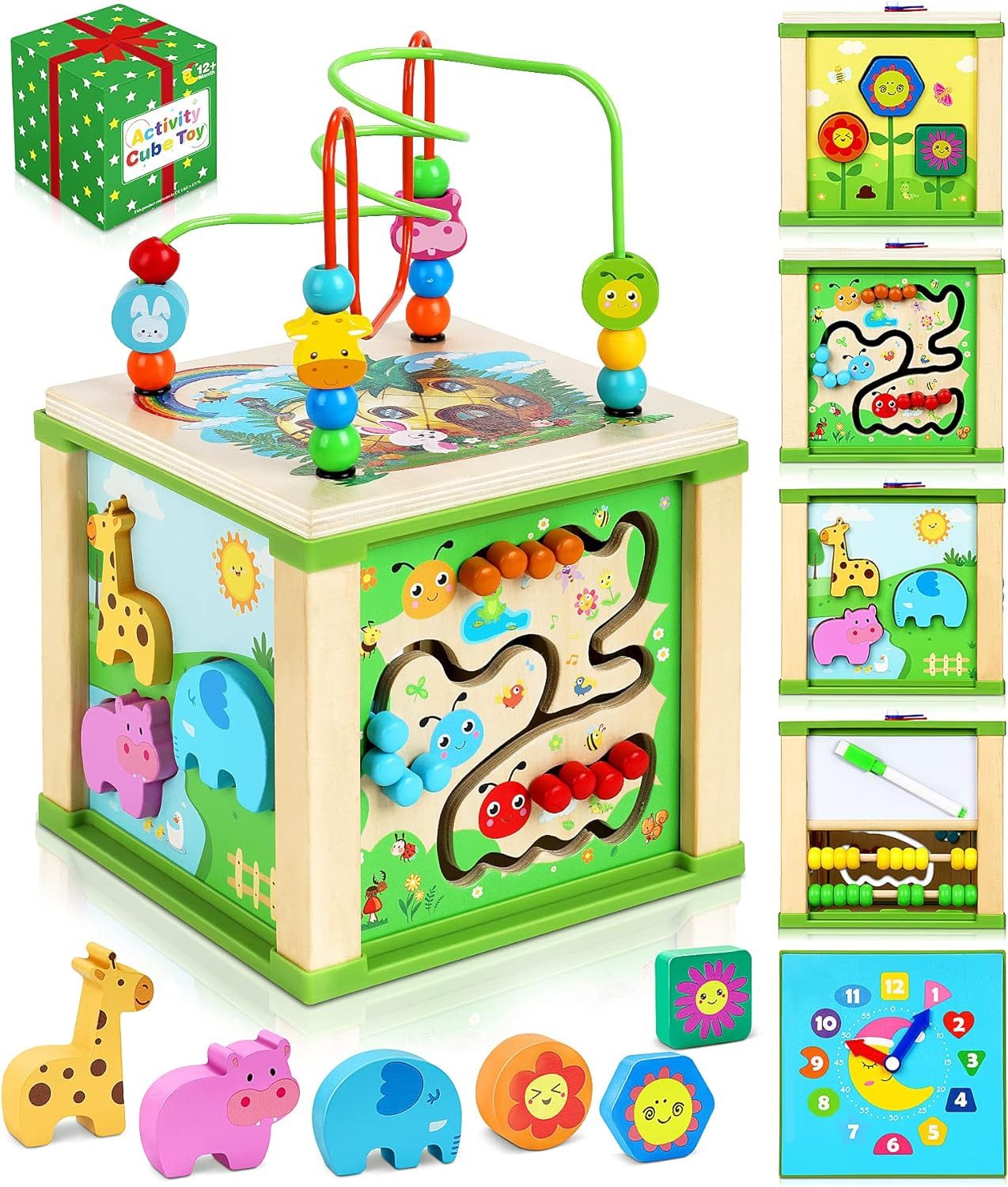 POPOLIC Motorikwürfel Motorikspielzeug ab 1 Jahr - Aktivitätswürfel, (Motorikschleife Kinderspielzeug Sortierspiel Holzspielzeug Lernspielzeug, 1-tlg), Montessori Baby Spielzeug für 2 3 4 Jahre Kinder