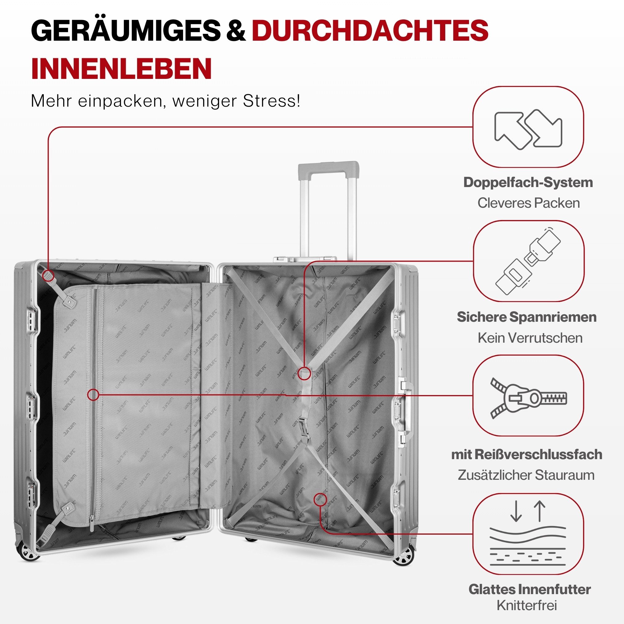 WINLIFE Trolley WINLIFE®Größe M, L, XL Reisekoffer Alu-Rahmen ABS & TSA Schloss Silber, 4 Doppelrollen Rollen, Stoßfest, TSA-Schloss, 360°-Doppelrollen, Leicht