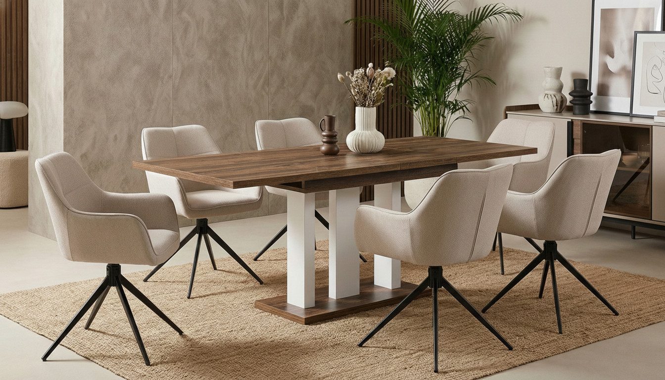 Endo-Moebel Essgruppe "Appia White" 130-210cm ausziehbar, Tischgruppe, 6 Personen, (1 ausziehbarer Esstisch, 6 bequeme Stühle), Synchronauszug, Erweiterbar, Weiße Tischbeine, Säulentisch