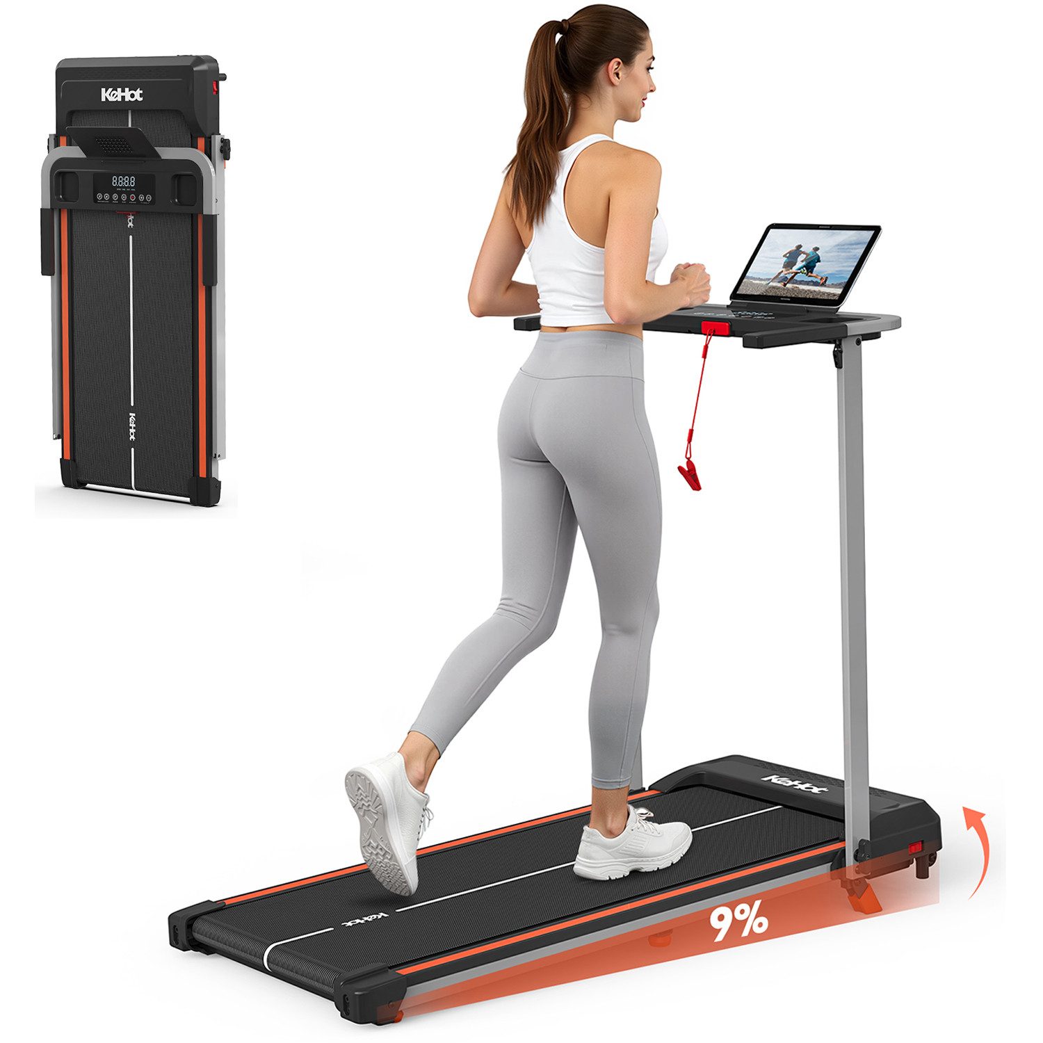 kehot Laufband Laufband mit 9% Steigung, klappbar und leise für Heimtraining (2.5HP Motor, 1–12 km/h, großes LED-Display für Zeit, Distanz, Kalorien, Kompatibel mit APPs: EQI SPORTS, Zwift & Kinomap, Bluetooth Musik), 38×100 cm Lauffläche, Stabil bis 100 kg, inklusive Sicherheits-Key