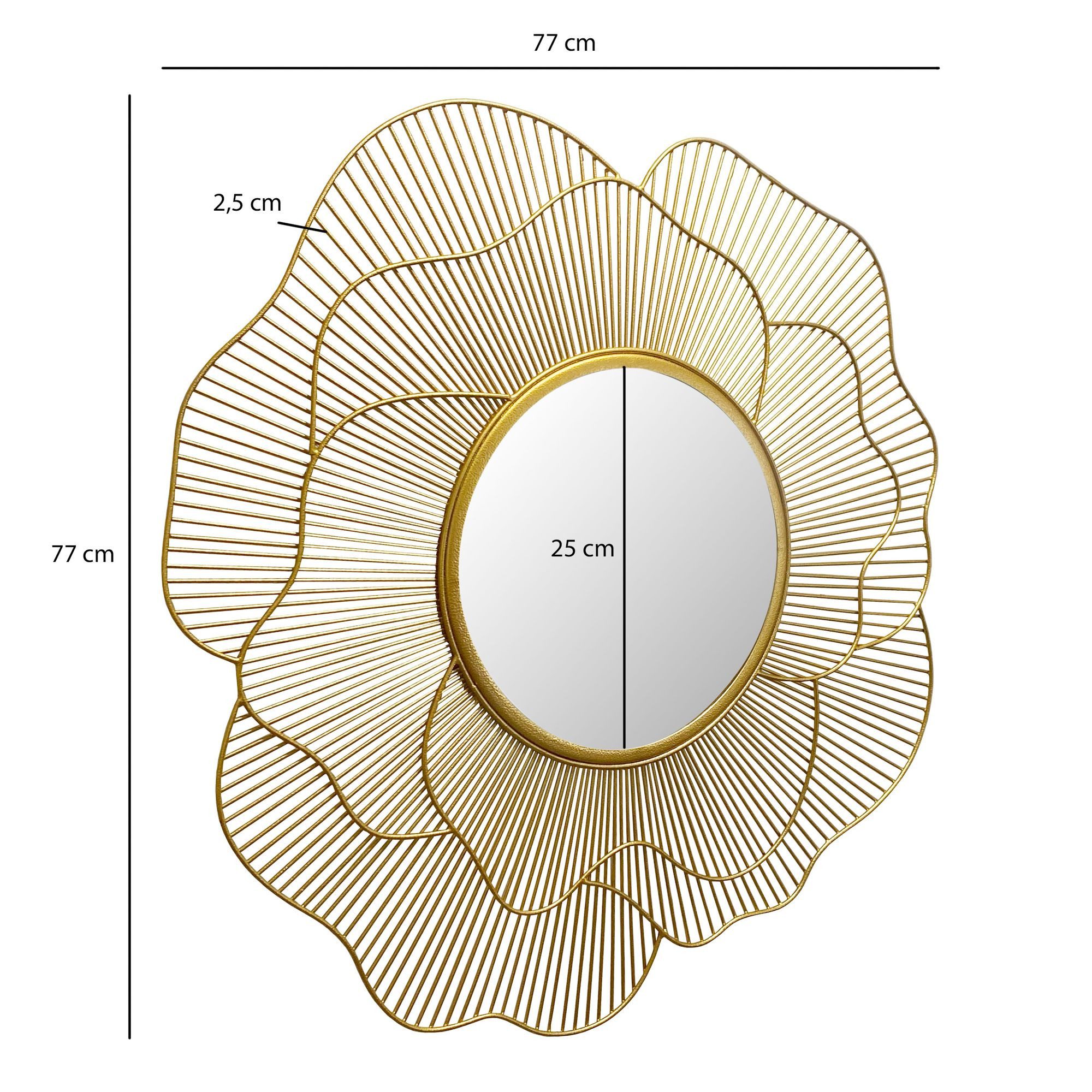 FINEBUY Wandspiegel Flurspiegel Rose Metall 77 cm Spiegel Flur Hängespiegel FB102978 (Hängespiegel Modern, Flurspiegel Garderobenspiegel), Gold Metall 77 cm, Dekospiegel Wand Rosenblüte