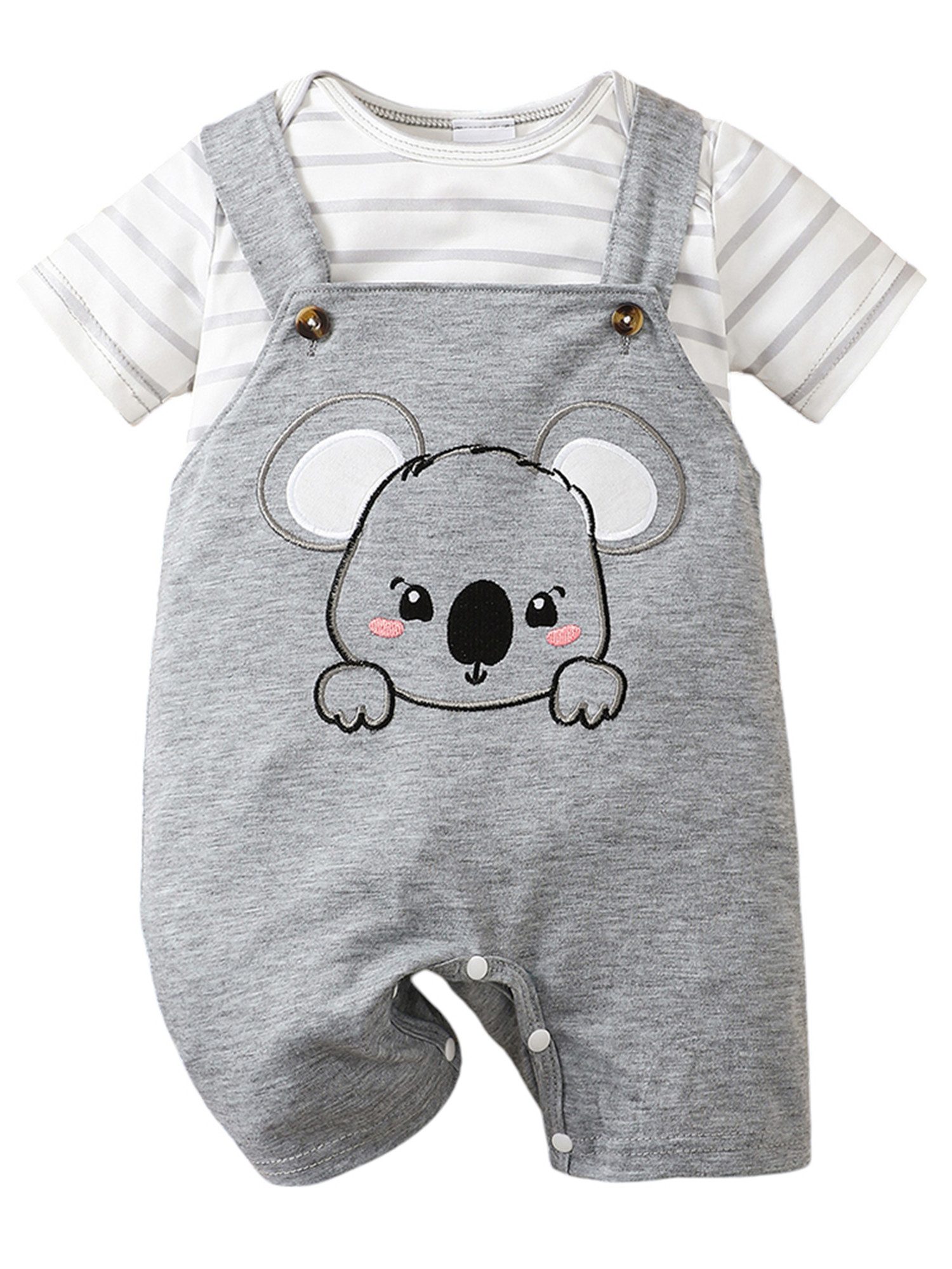 Gluckids Strampler Neugeborene Overall Outfit Kurzarm Strampler + Tierdruck Latzhose Set (2-tlg) Stripe Sommer Babybody Jumpsuit Täglich Freizeit Baby-Set Babykleidung