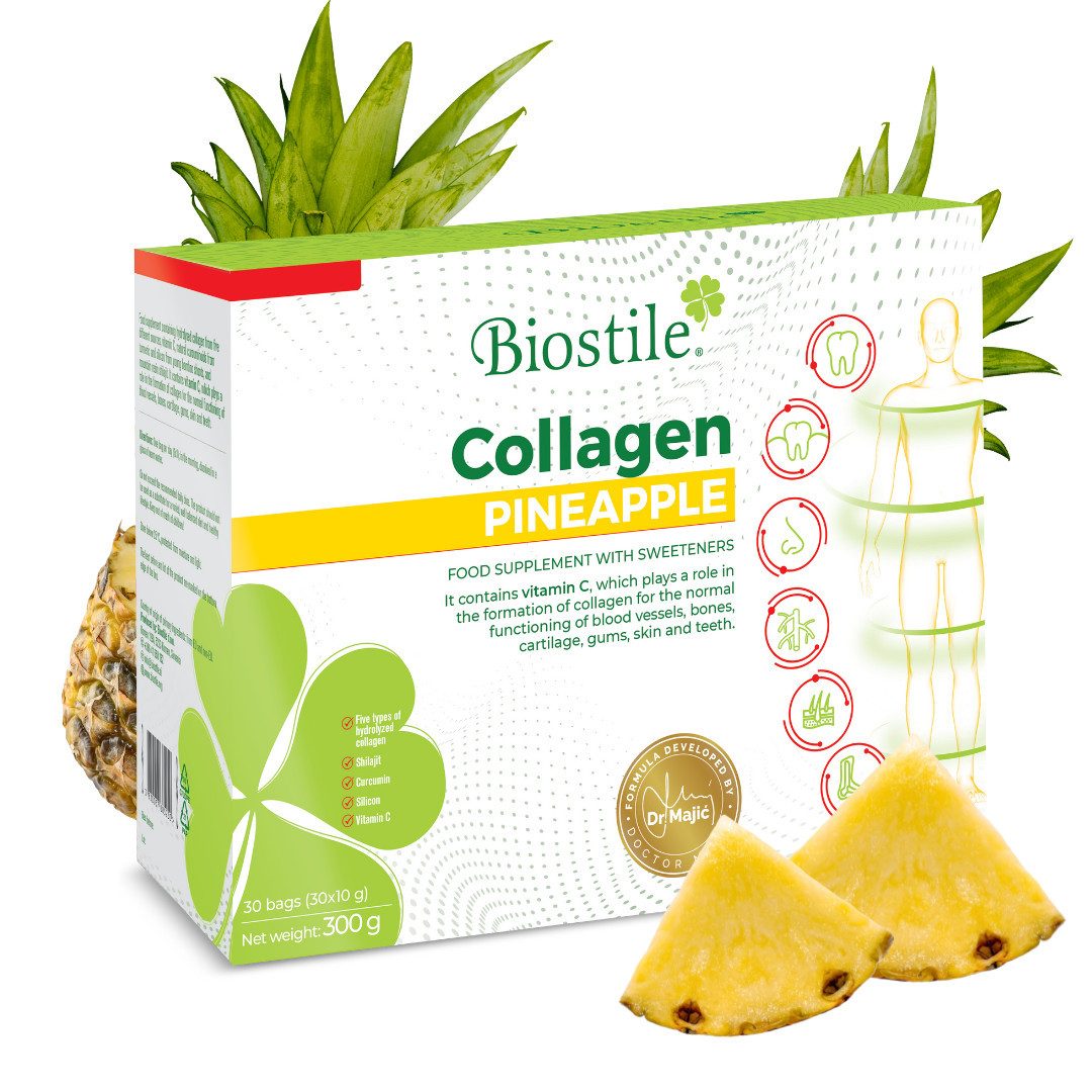 Biostile Kollagen Pulver Ananas mit 5 Kollagenquellen für Haut Haare Nägel - Kollagenpulver, 300 g, Mit Vitamin C, Curcumin, Shilajit & Ananasgeschmack, 30 Beutel